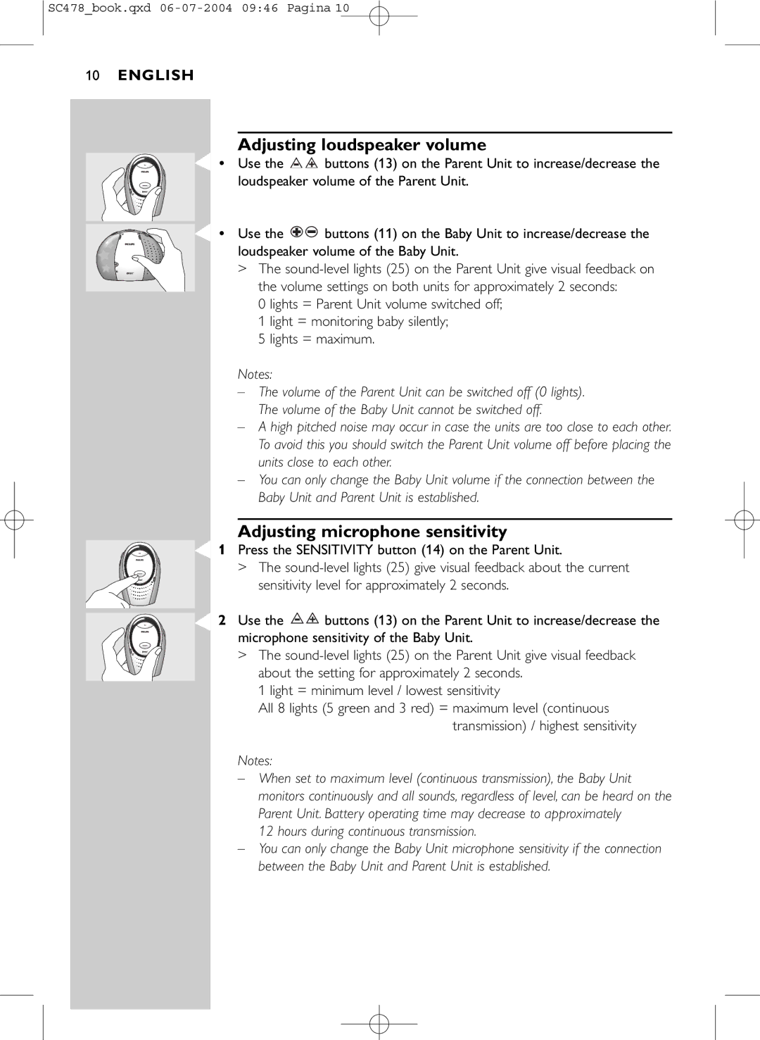 Philips SC478 manual Adjusting loudspeaker volume, Adjusting microphone sensitivity 