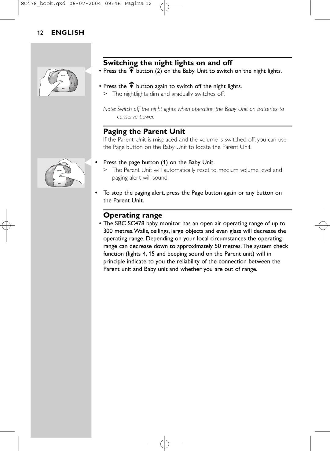 Philips SC478 manual Switching the night lights on and off, Paging the Parent Unit, Operating range 