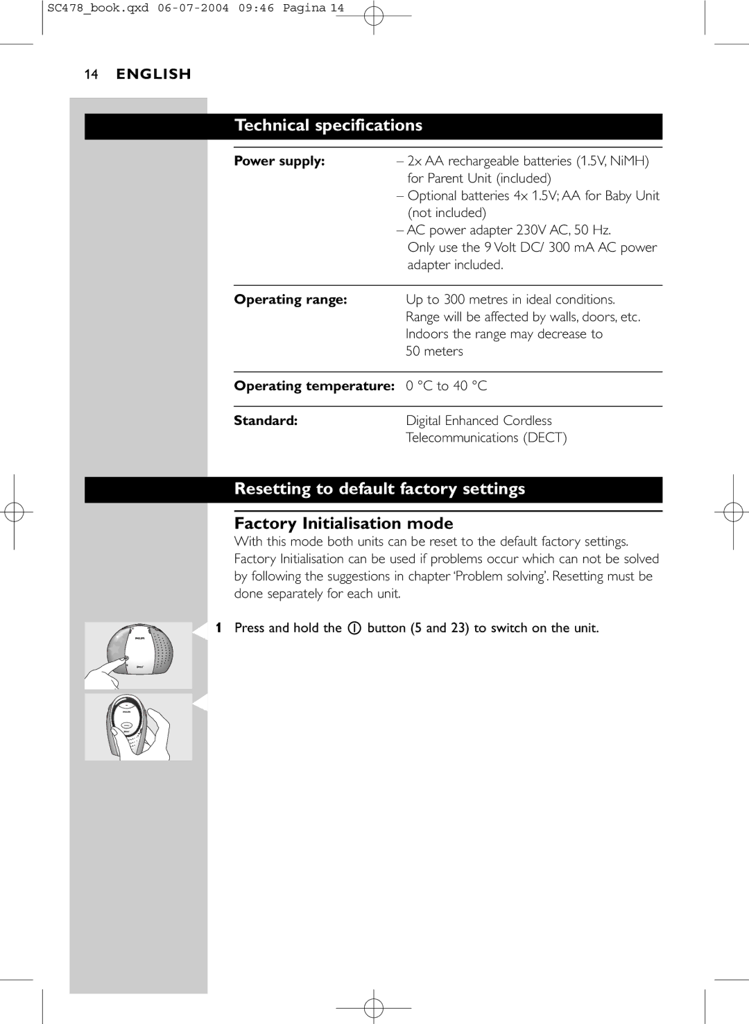 Philips SC478 manual Technical specifications, Resetting to default factory settings, Factory Initialisation mode 