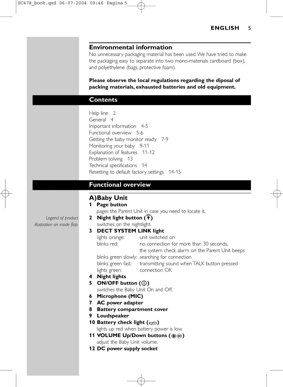 Philips SC478 manual Contents, Functional overview 