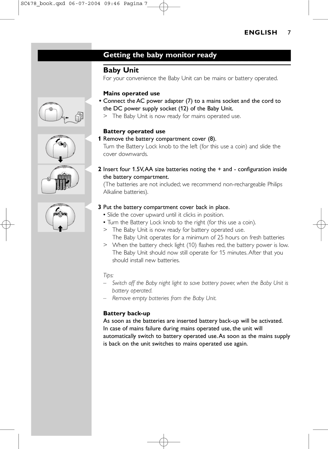 Philips SC478 manual Getting the baby monitor ready, Baby Unit 