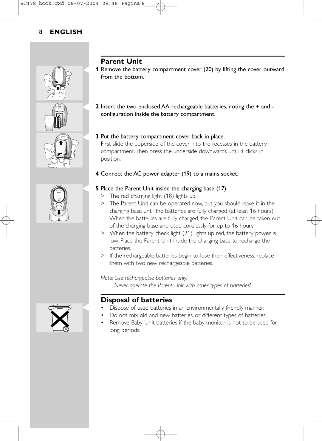 Philips SC478 manual Parent Unit, Disposal of batteries 