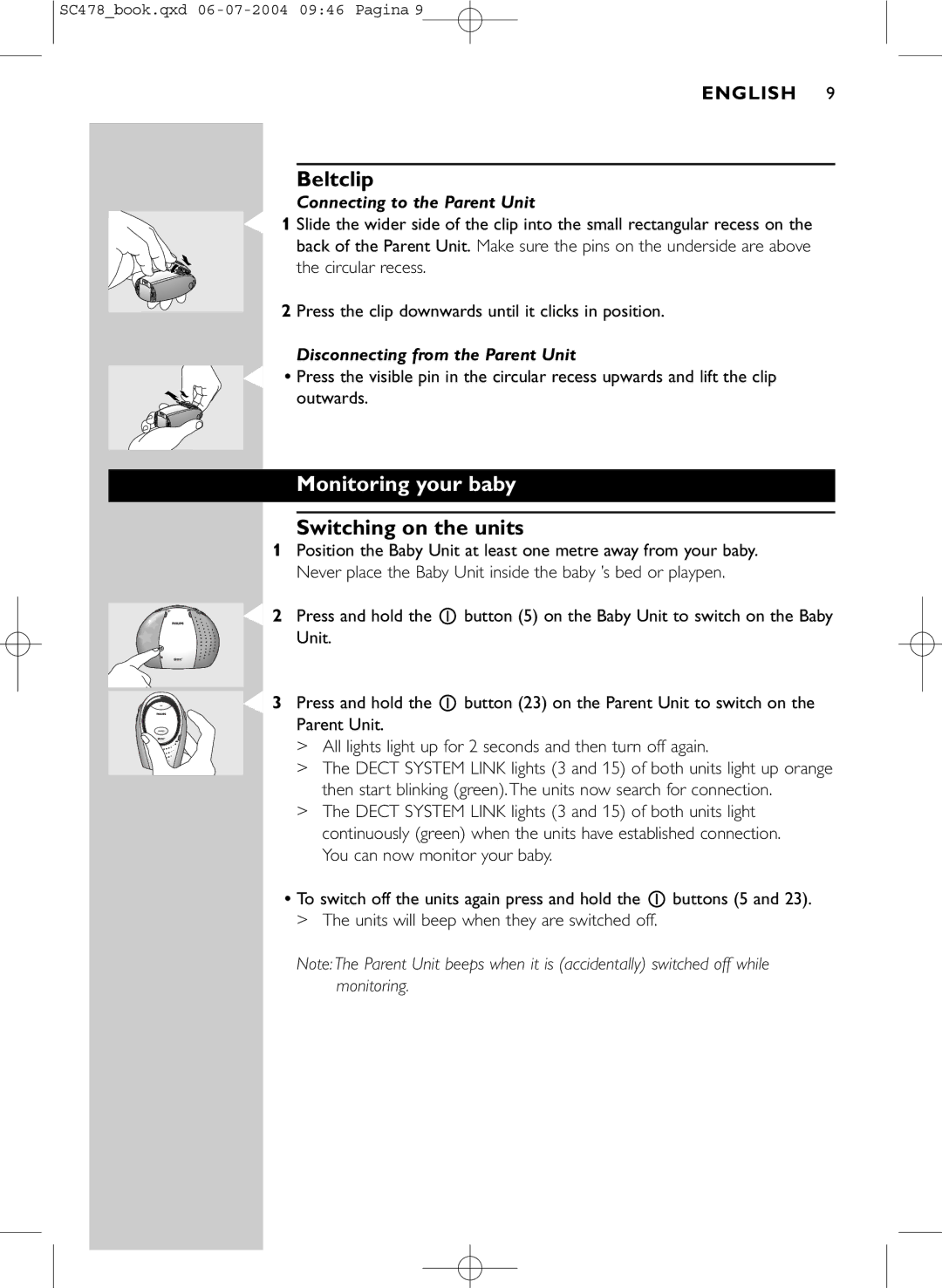 Philips SC478 manual Beltclip, Monitoring your baby, Switching on the units 