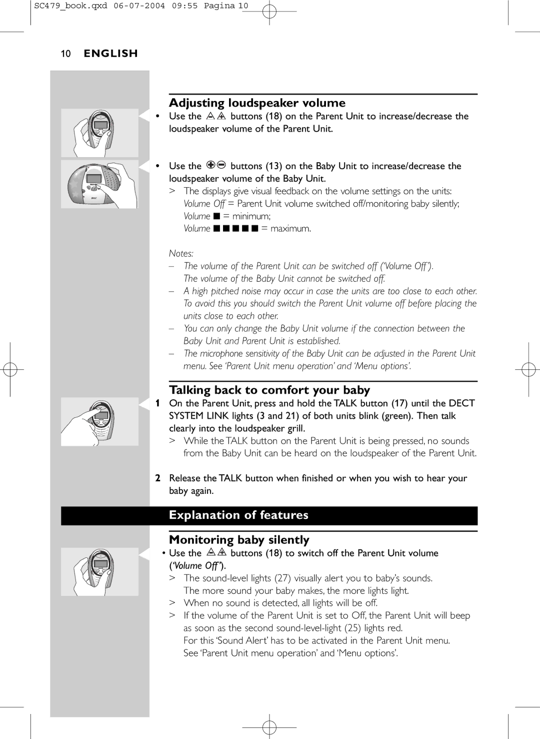 Philips SC479 manual Adjusting loudspeaker volume, Talking back to comfort your baby, Explanation of features 