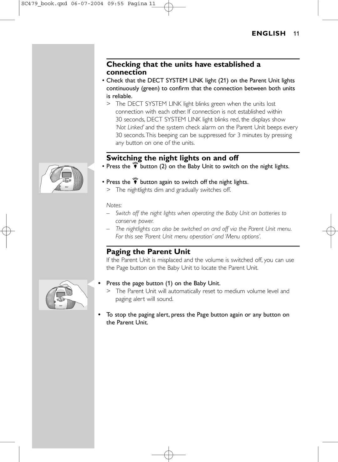 Philips SC479 manual Checking that the units have established a connection, Switching the night lights on and off 