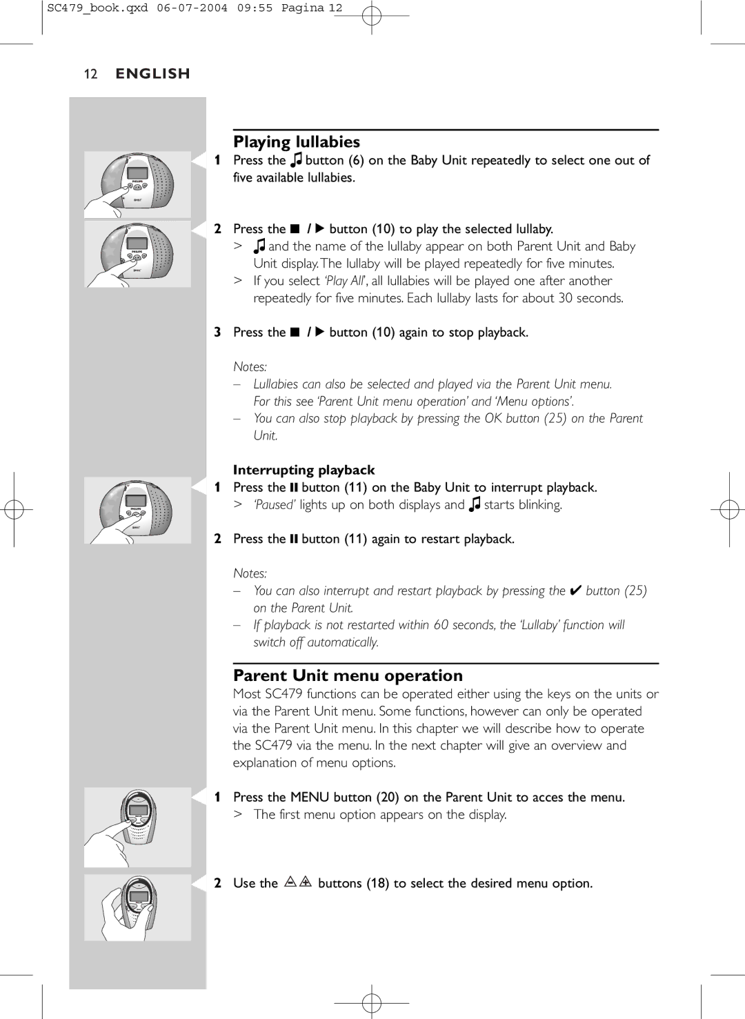 Philips SC479 manual Playing lullabies, Parent Unit menu operation 