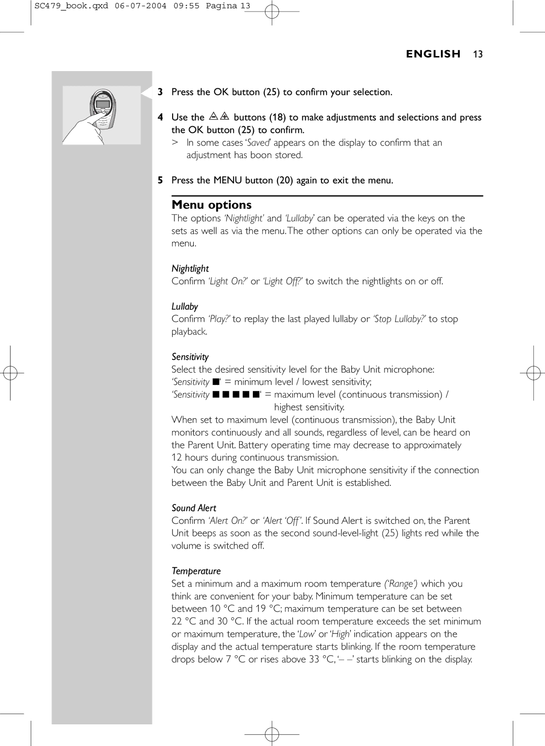 Philips SC479 manual Menu options, Sensitivity 