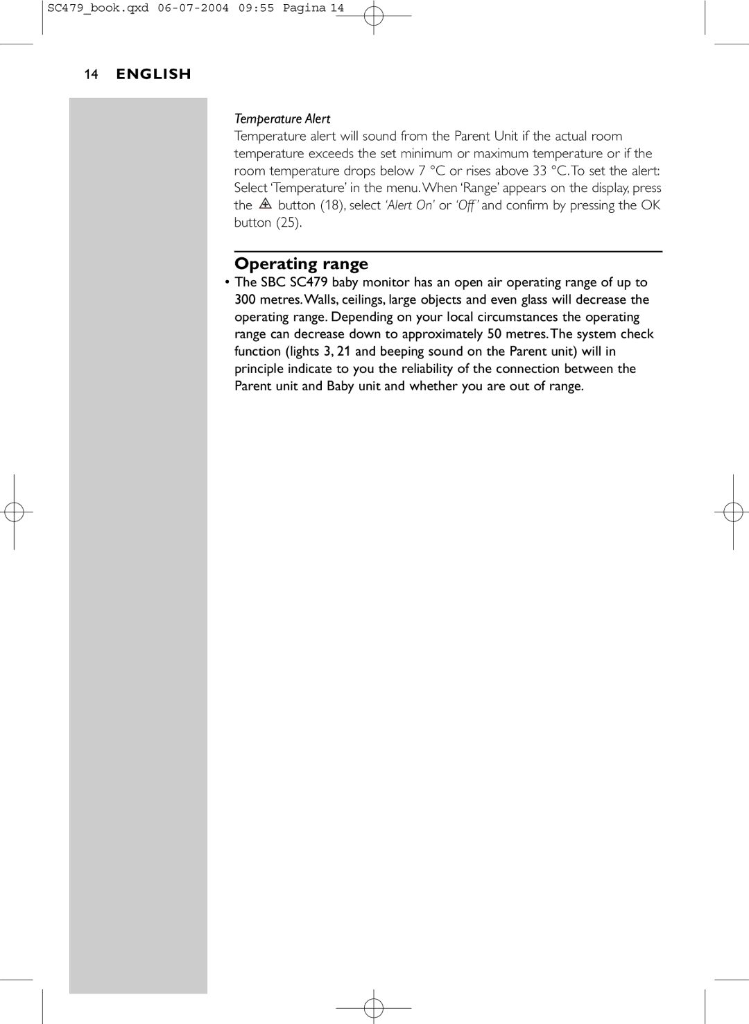 Philips SC479 manual Operating range, Temperature Alert 