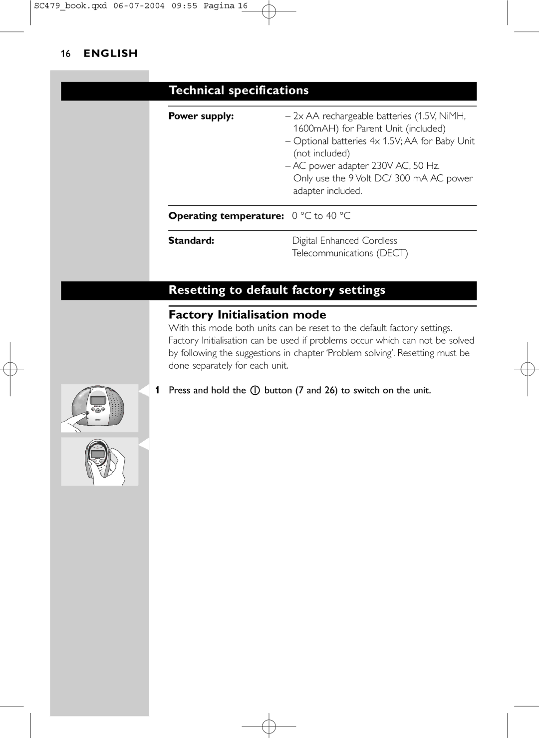 Philips SC479 manual Technical specifications, Resetting to default factory settings, Factory Initialisation mode 