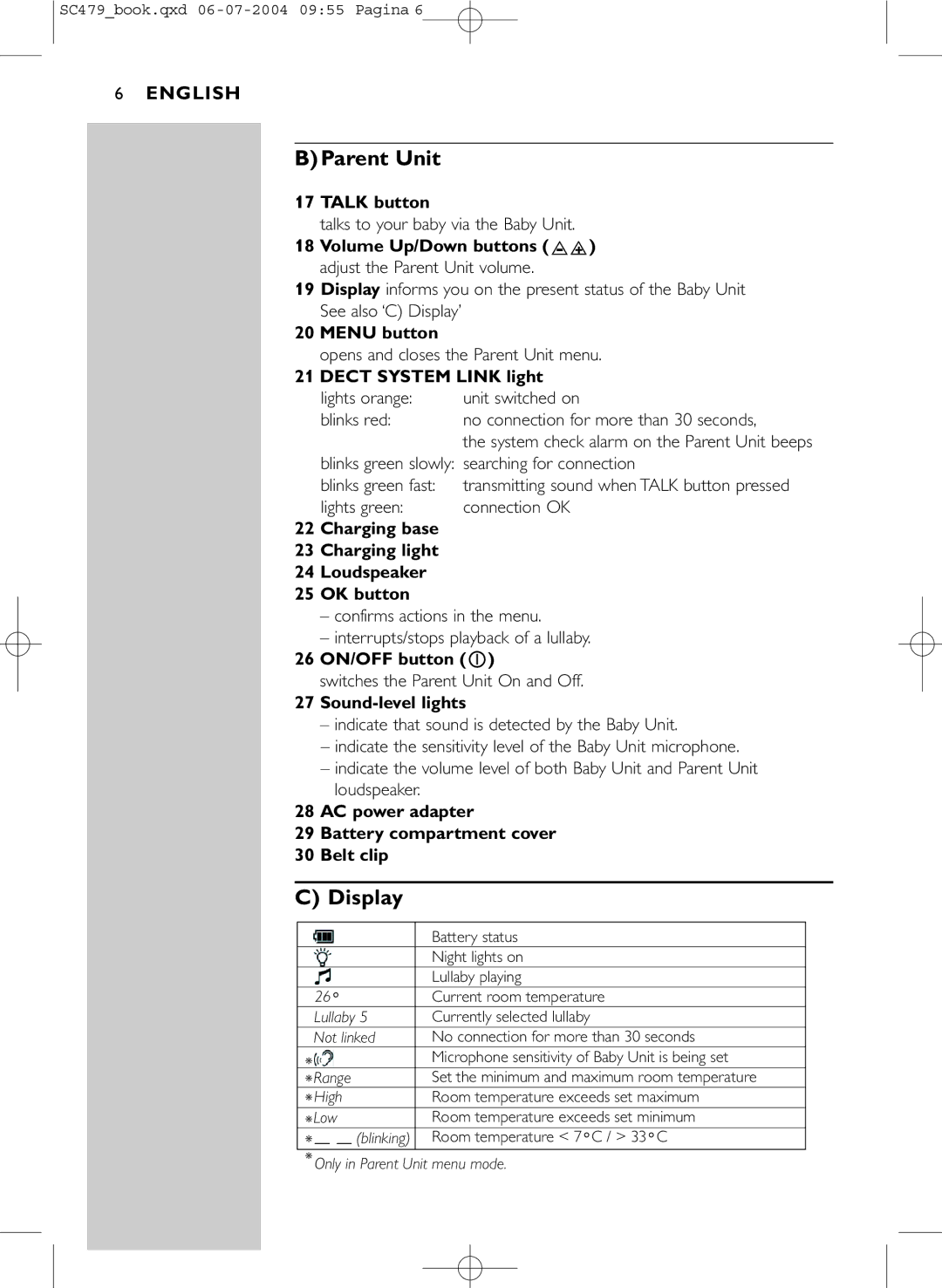 Philips SC479 manual BParent Unit, Display 