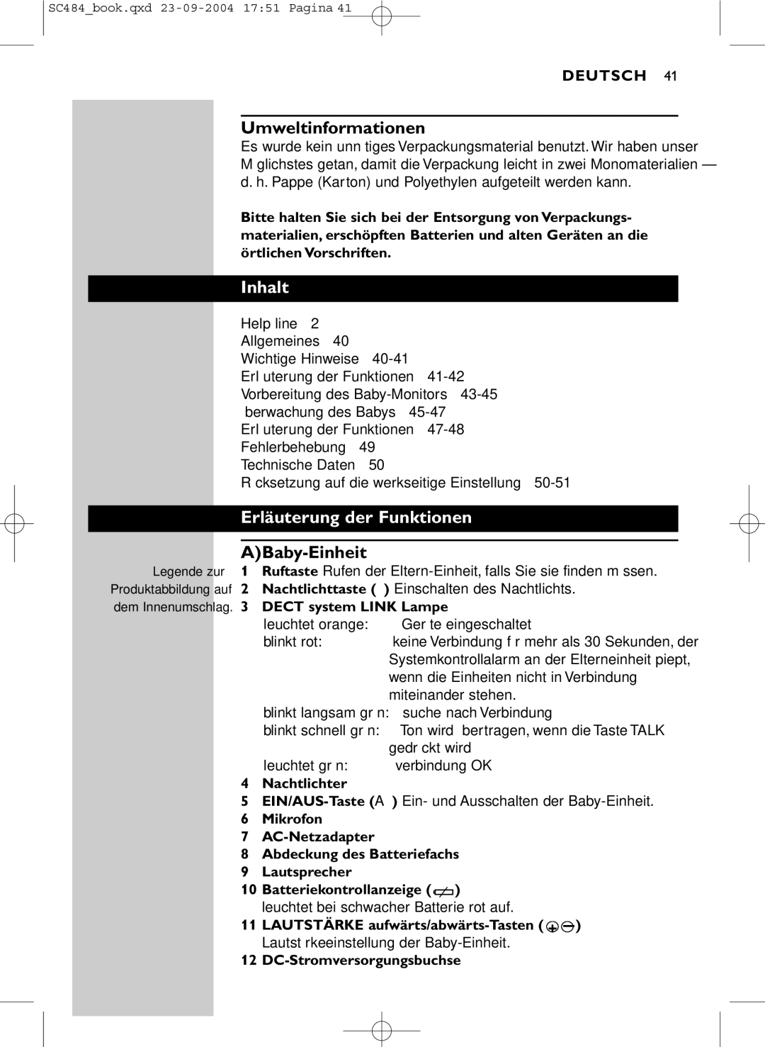 Philips SC484 DECT manual Umweltinformationen, Inhalt, Erläuterung der Funktionen, ABaby-Einheit 