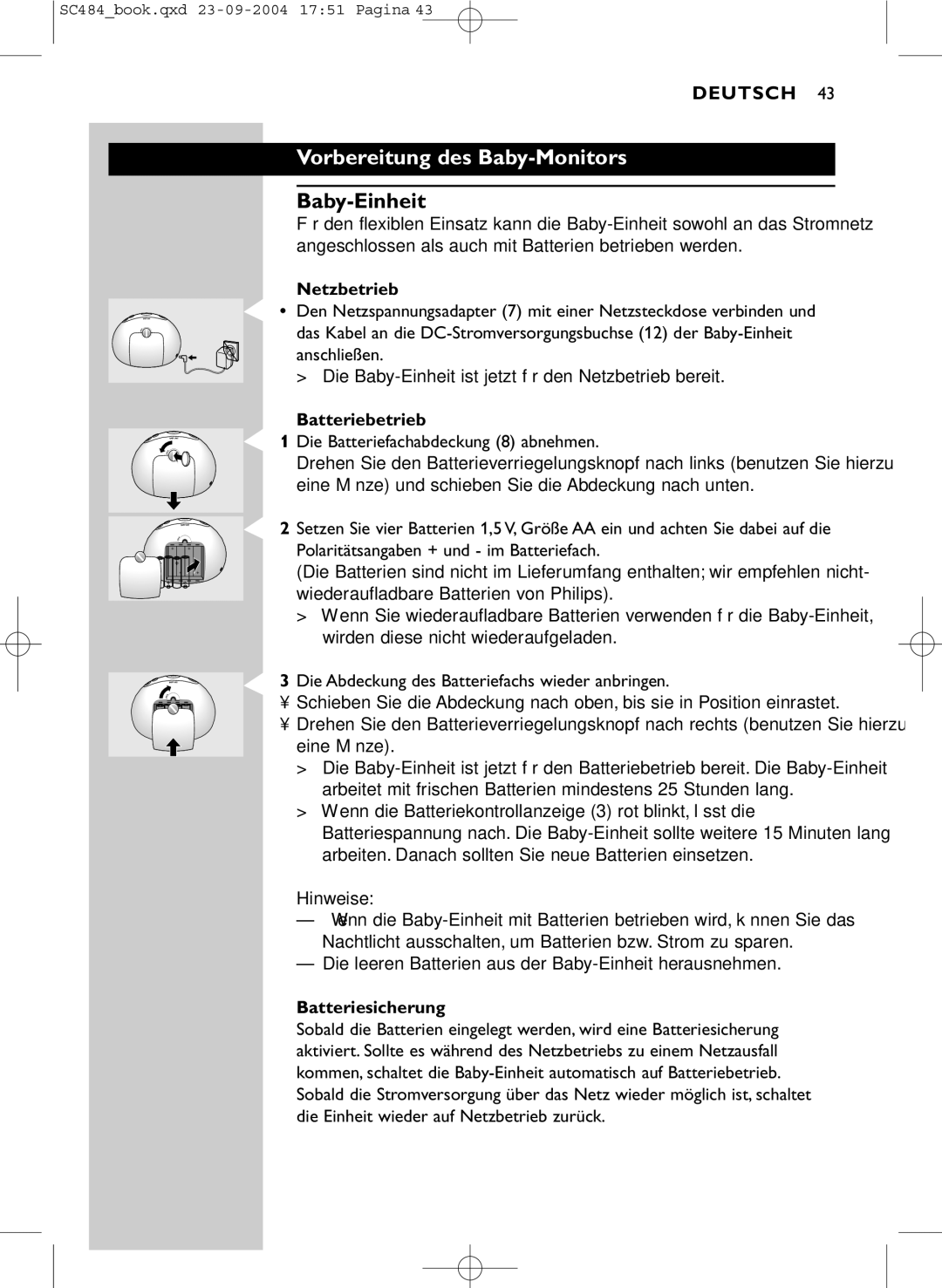 Philips SC484 DECT manual Vorbereitung des Baby-Monitors, Baby-Einheit, Netzbetrieb, Batteriebetrieb, Batteriesicherung 