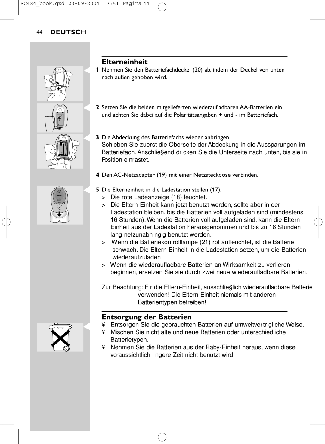 Philips SC484 DECT manual Entsorgung der Batterien 