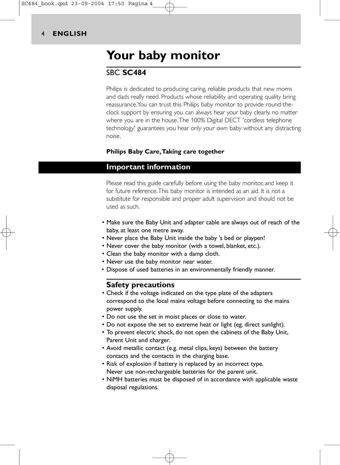 Philips SC484 DECTSBC, SBC SC484 manual Important information, Safety precautions 