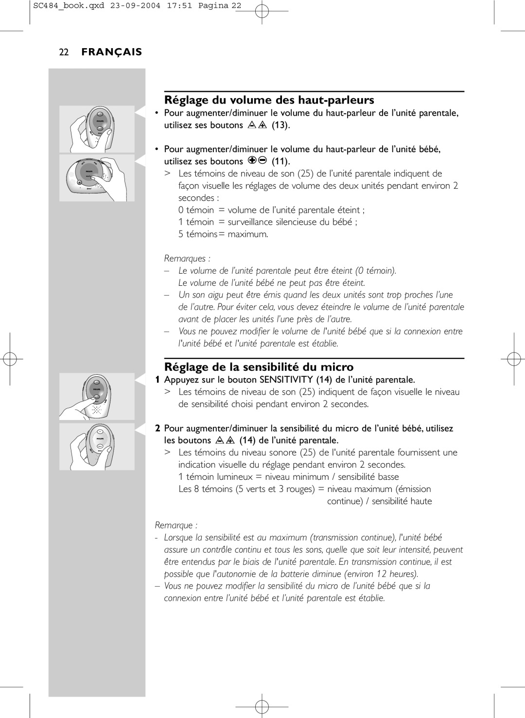 Philips SC484 manual Réglage du volume des haut-parleurs, Réglage de la sensibilité du micro 