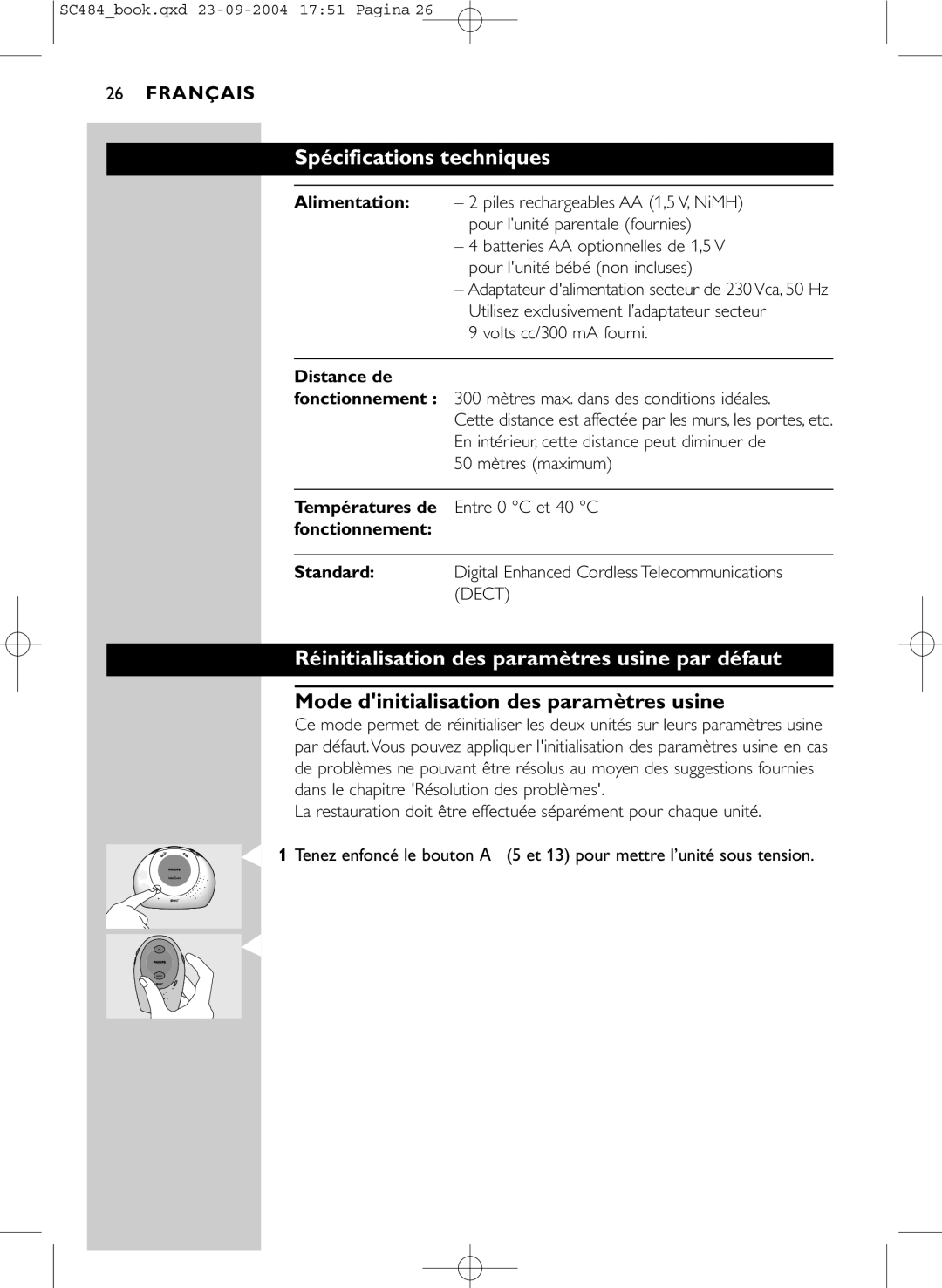 Philips SC484 manual Spécifications techniques, Réinitialisation des paramètres usine par défaut, Distance de 