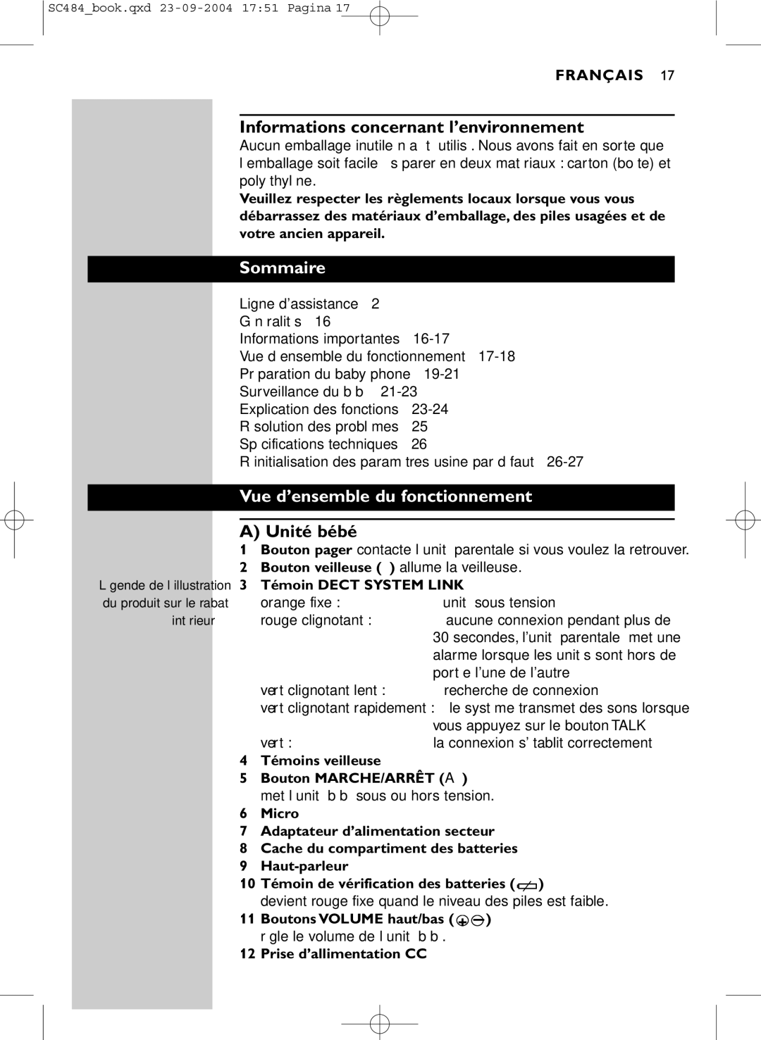 Philips SC484 manual Informations concernant l’environnement, Sommaire, Vue d’ensemble du fonctionnement, Unité bébé 