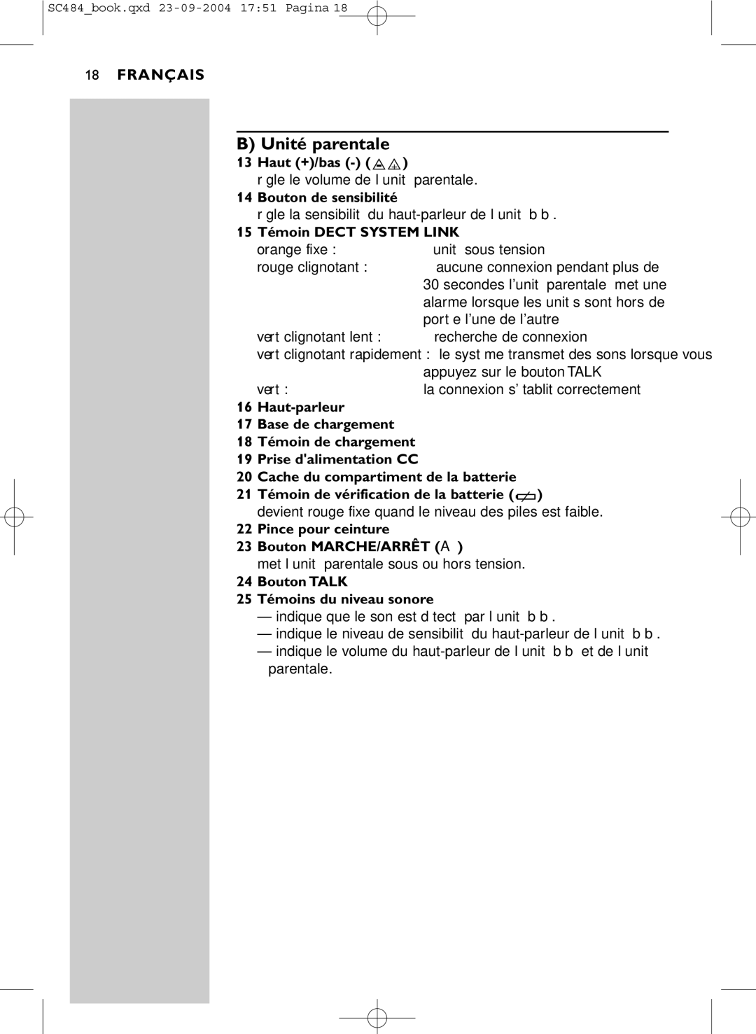 Philips SC484 manual Unité parentale, Haut +/bas, Bouton de sensibilité, Pince pour ceinture Bouton MARCHE/ARRÊT a 