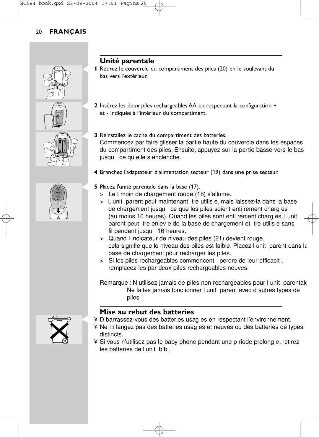 Philips SC484 manual Mise au rebut des batteries 