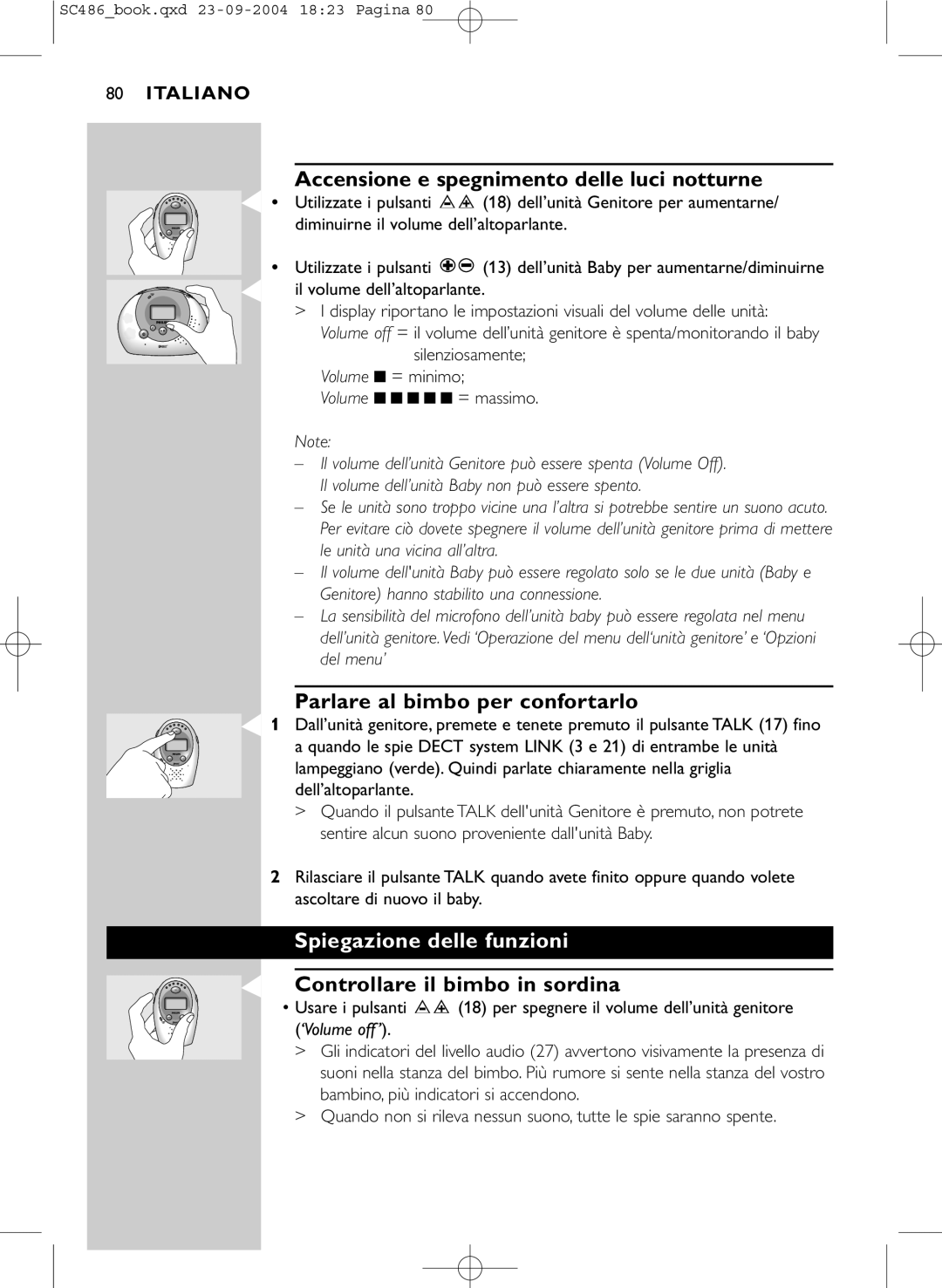 Philips SC486 DECTSBC manual Accensione e spegnimento delle luci notturne, Parlare al bimbo per confortarlo 