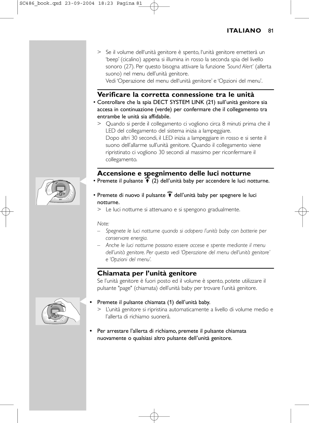 Philips SC486 DECTSBC manual Verificare la corretta connessione tra le unità, Chiamata per l’unità genitore 