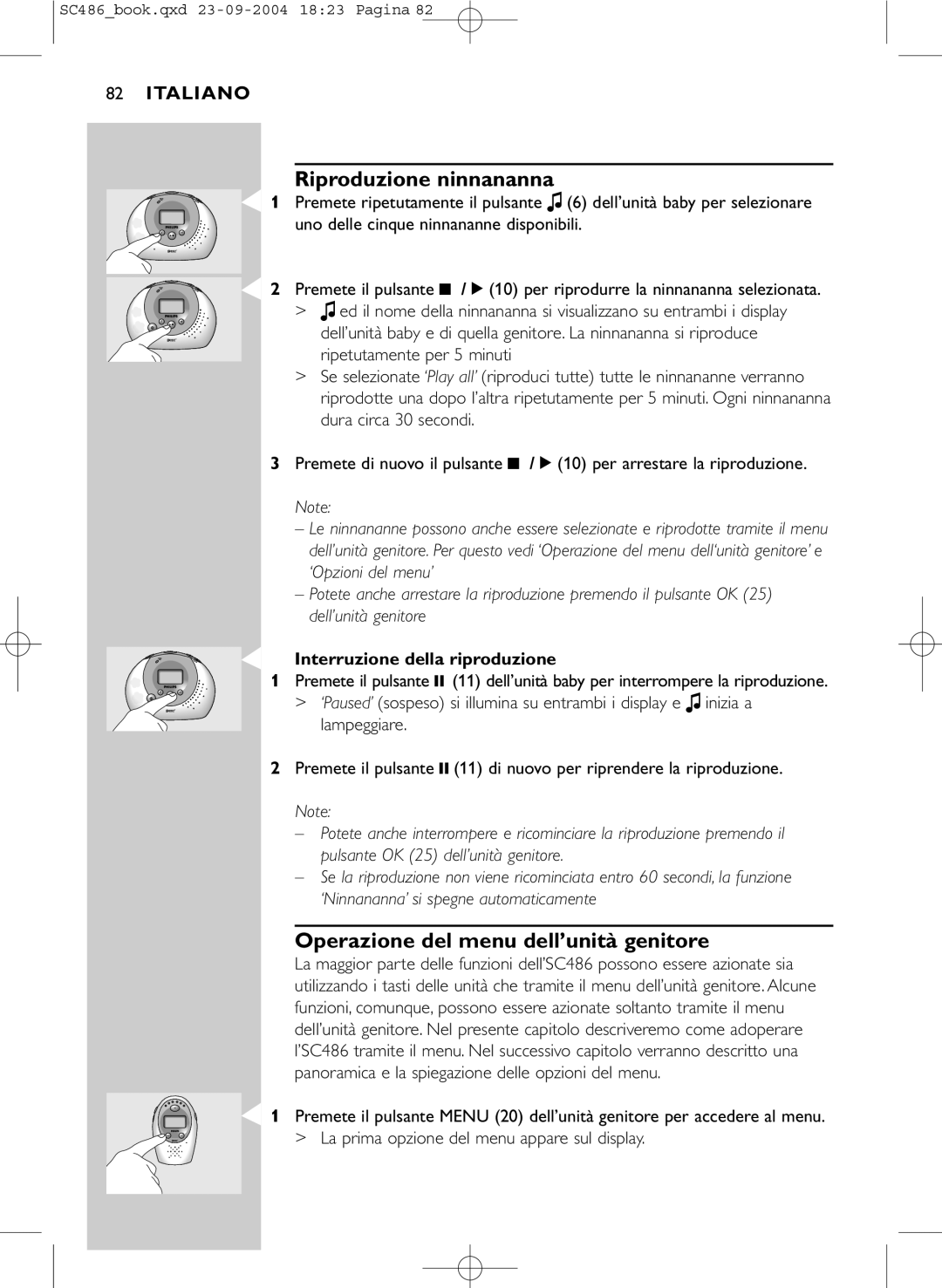 Philips SC486 DECTSBC Riproduzione ninnananna, Operazione del menu dell’unità genitore, Interruzione della riproduzione 