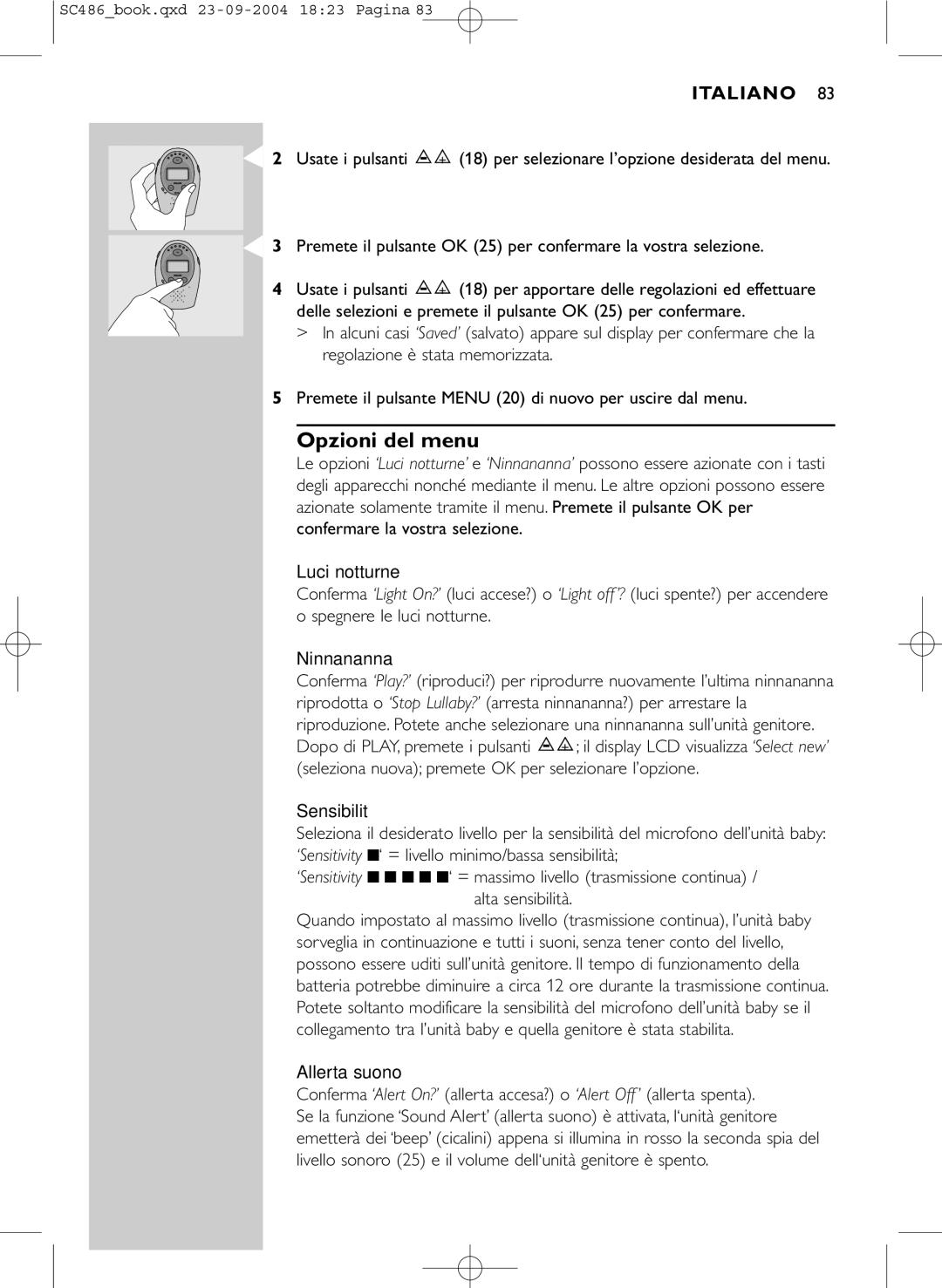 Philips SC486 DECTSBC manual Opzioni del menu, Usate i pulsanti 