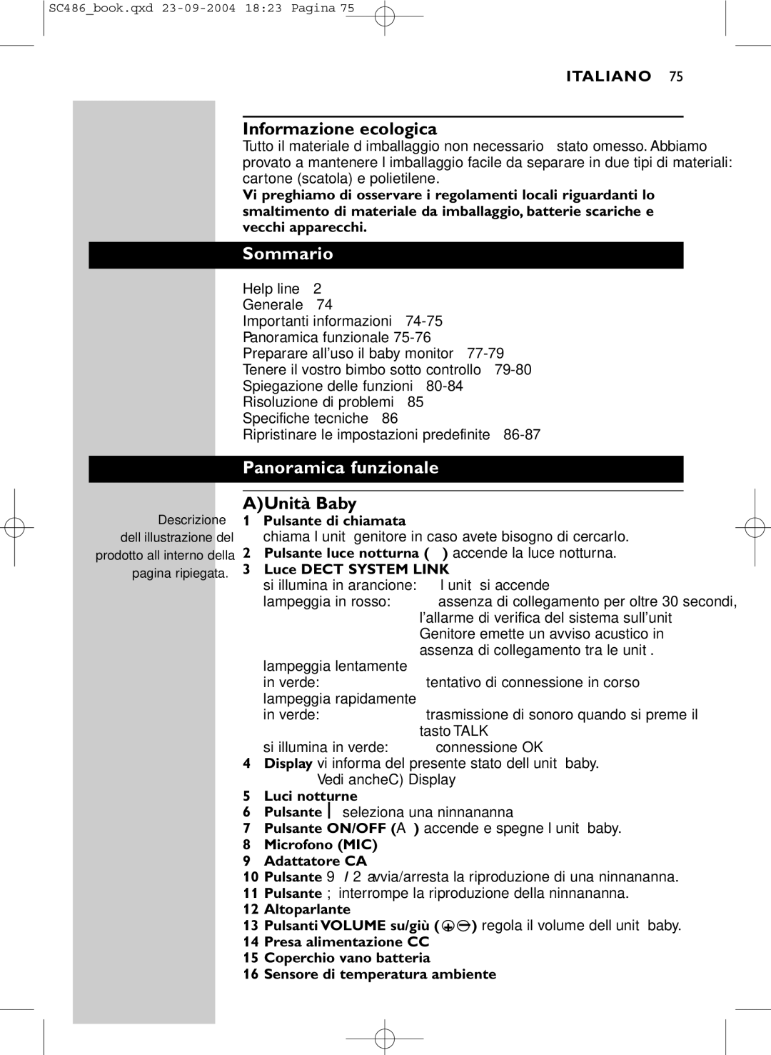 Philips SC486 DECTSBC manual Informazione ecologica, Sommario, Panoramica funzionale, AUnità Baby 