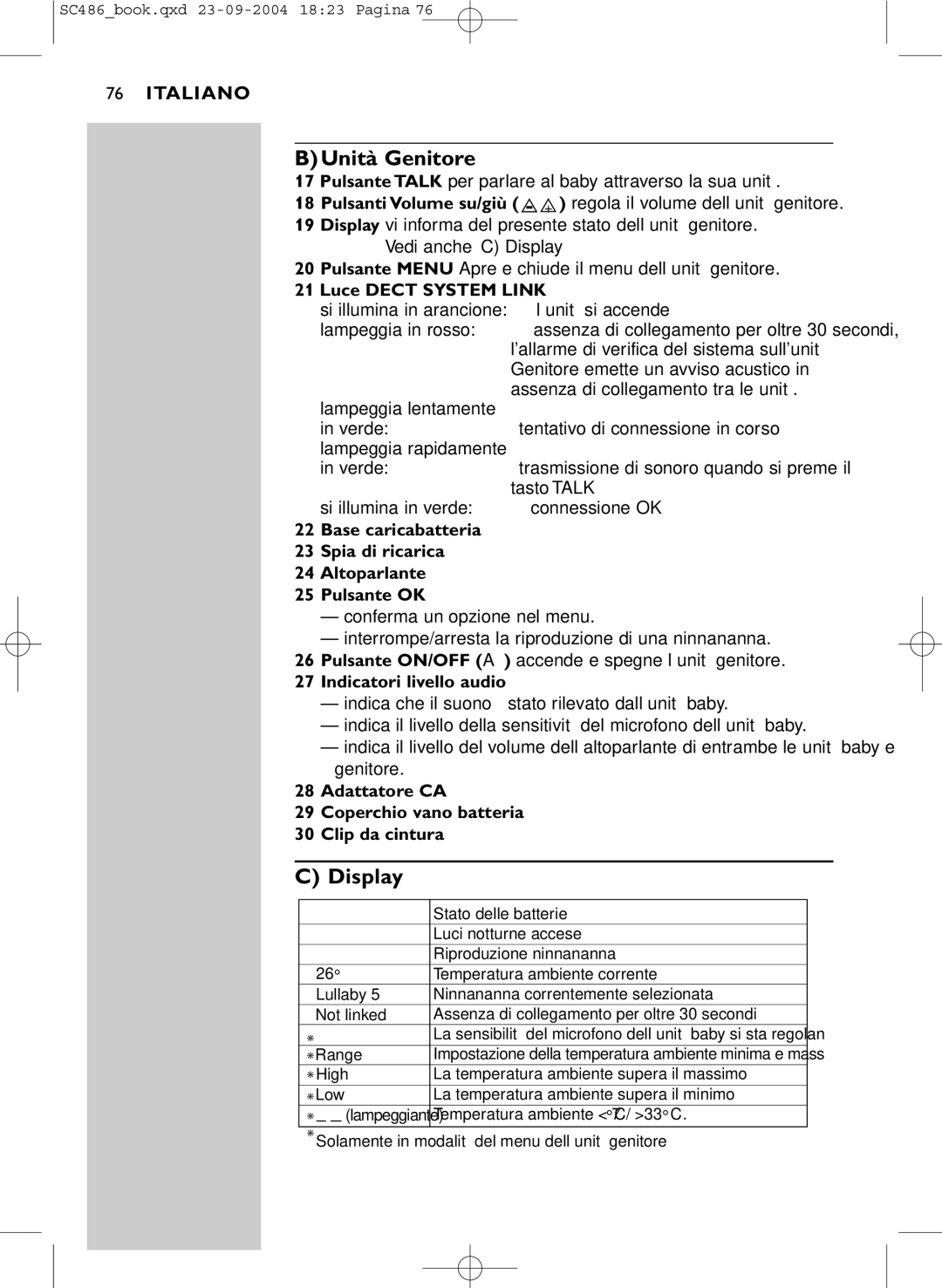 Philips SC486 DECTSBC manual BUnità Genitore, Display, Indicatori livello audio 