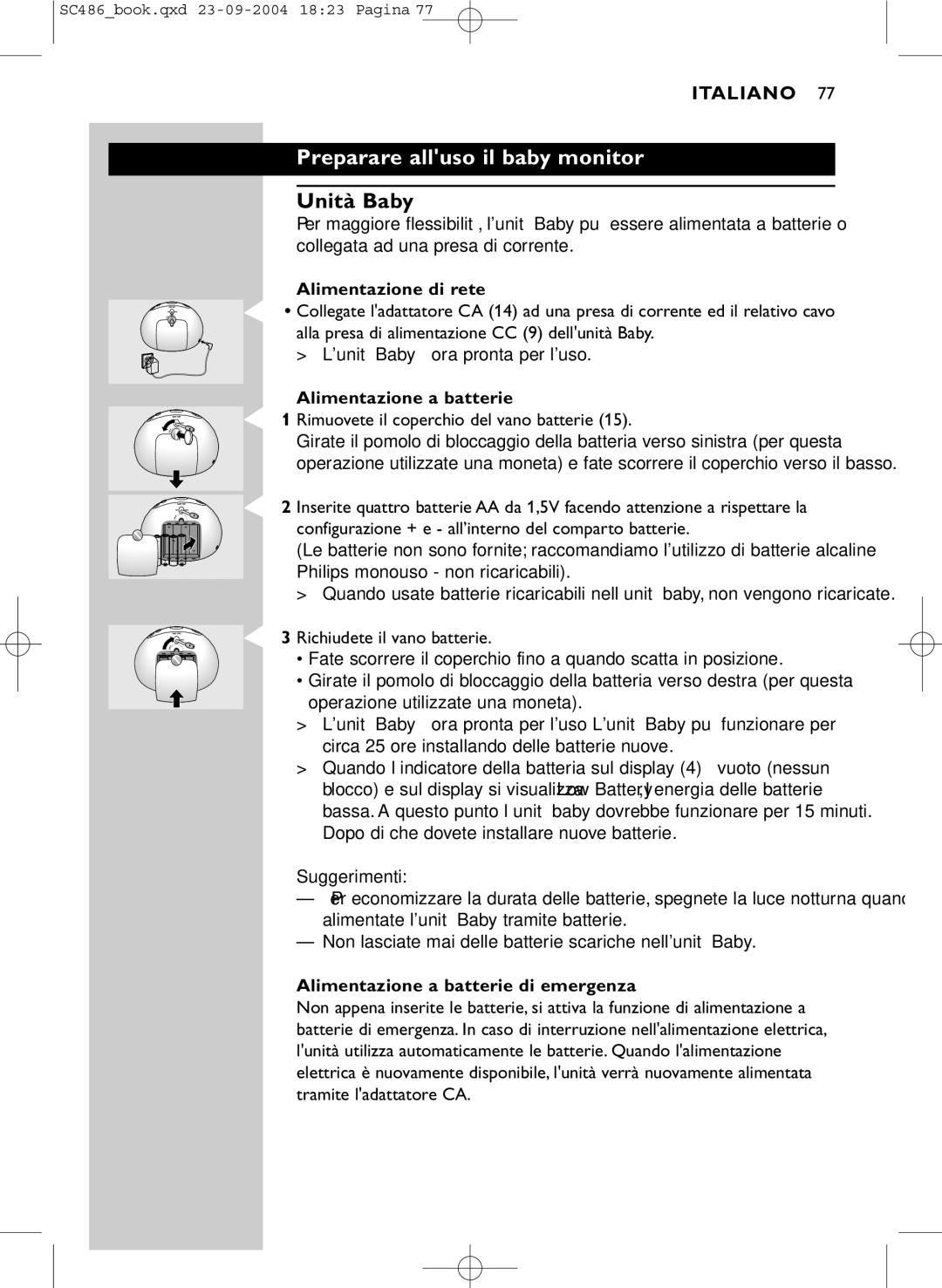 Philips SC486 DECTSBC manual Preparare alluso il baby monitor, Unità Baby, Alimentazione di rete, Alimentazione a batterie 