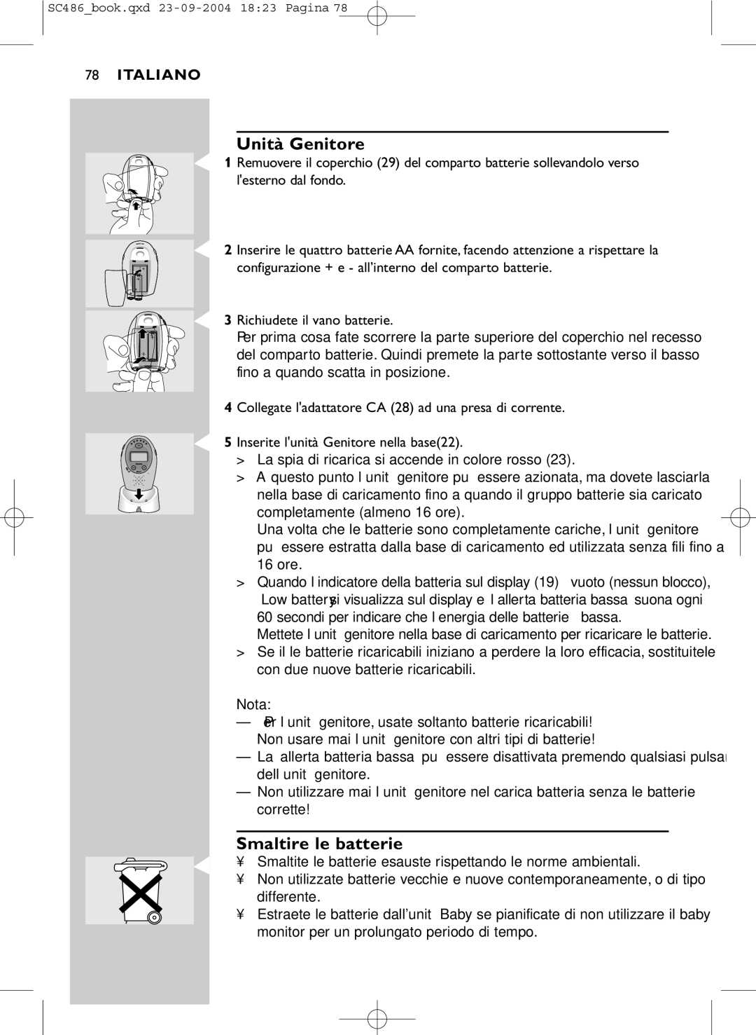 Philips SC486 DECTSBC manual Unità Genitore, Smaltire le batterie 