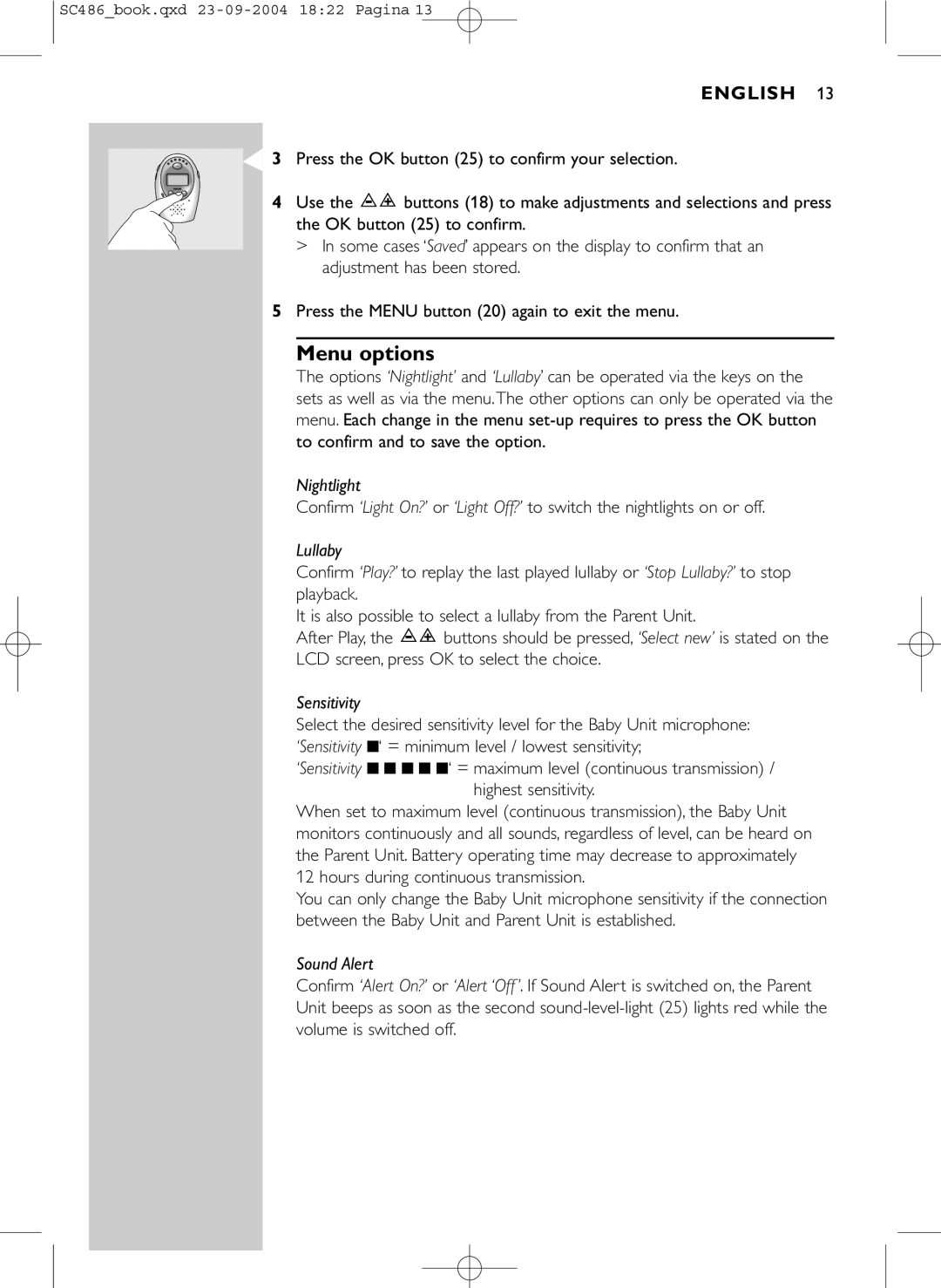 Philips SC486 manual Menu options, Lullaby 