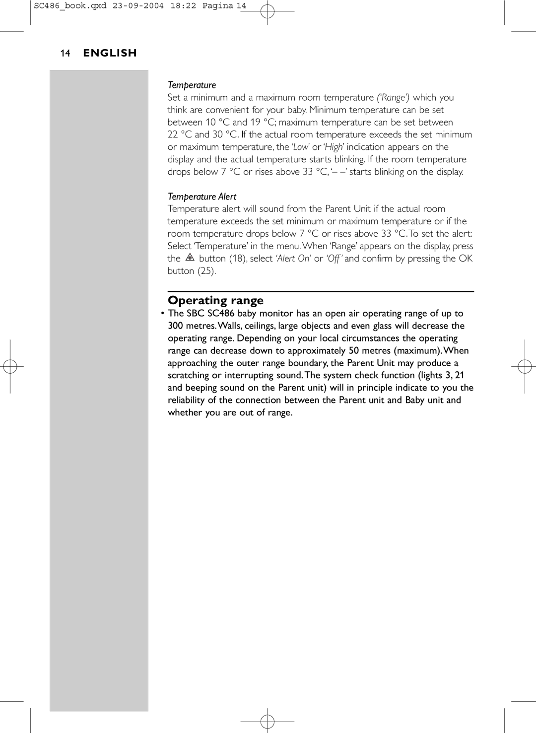 Philips SC486 manual Operating range, Temperature 