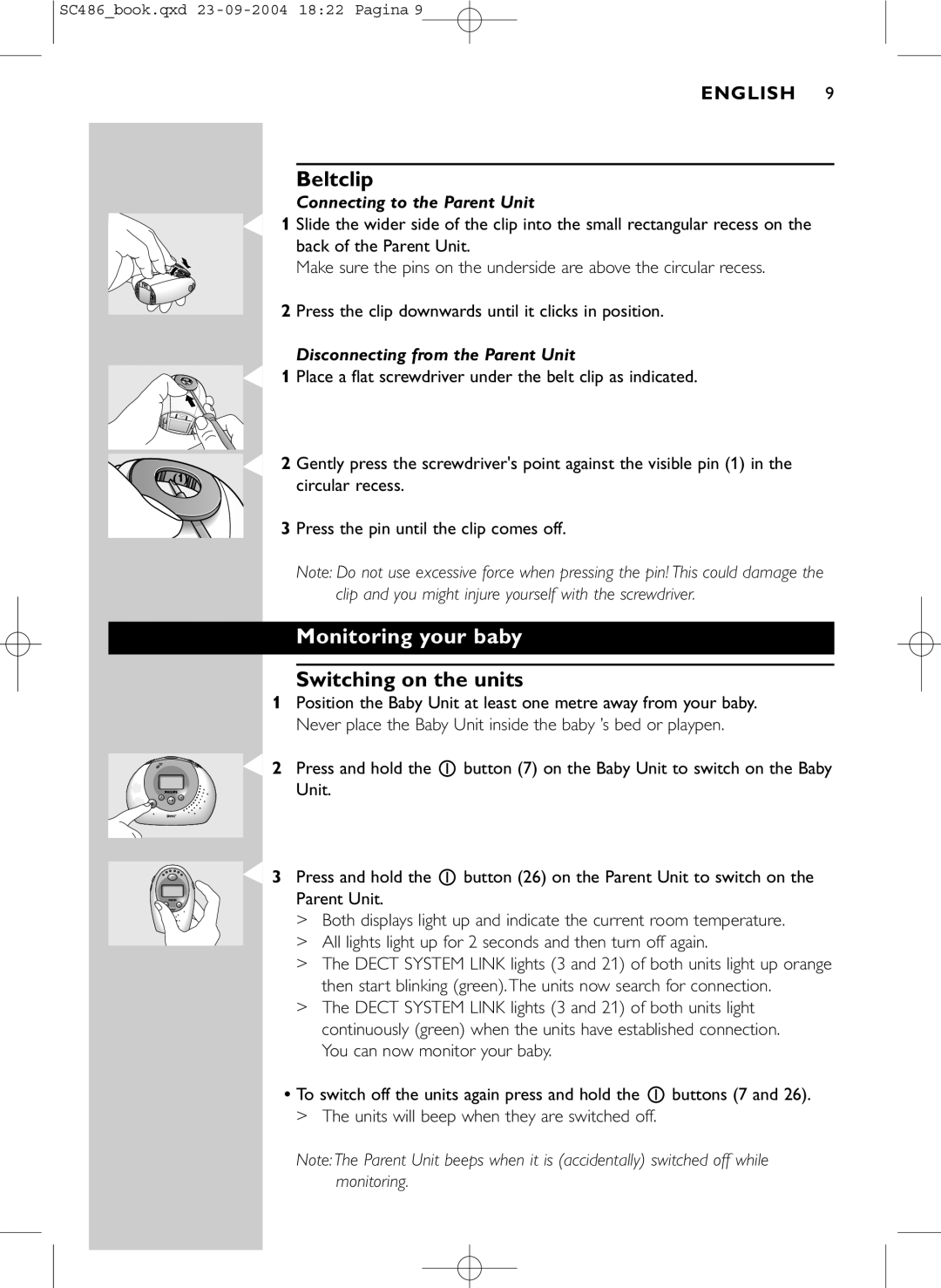 Philips SC486 manual Beltclip, Monitoring your baby, Switching on the units 