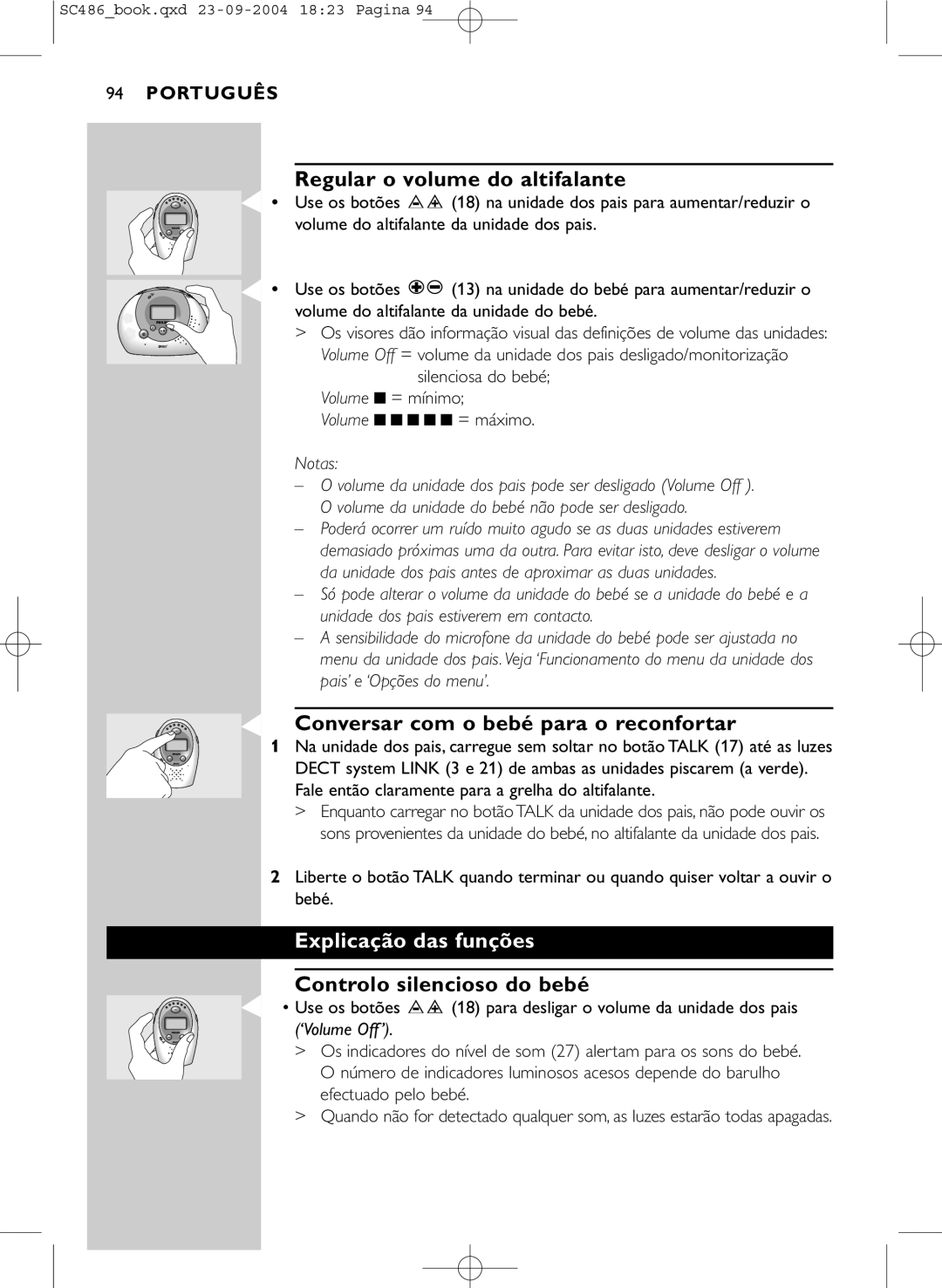 Philips SC486 manual Regular o volume do altifalante, Conversar com o bebé para o reconfortar, Explicação das funções 