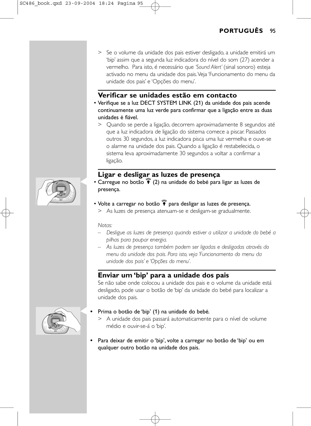 Philips SC486 manual Verificar se unidades estão em contacto, Ligar e desligar as luzes de presença 