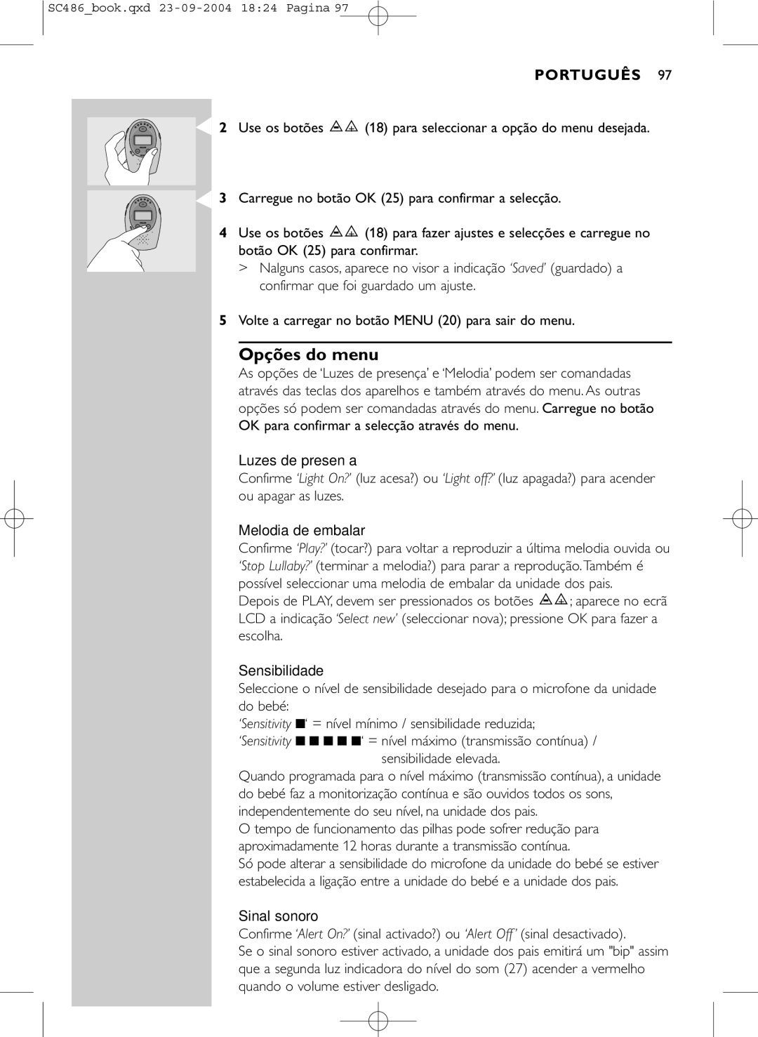 Philips SC486 manual Opções do menu, Luzes de presença 