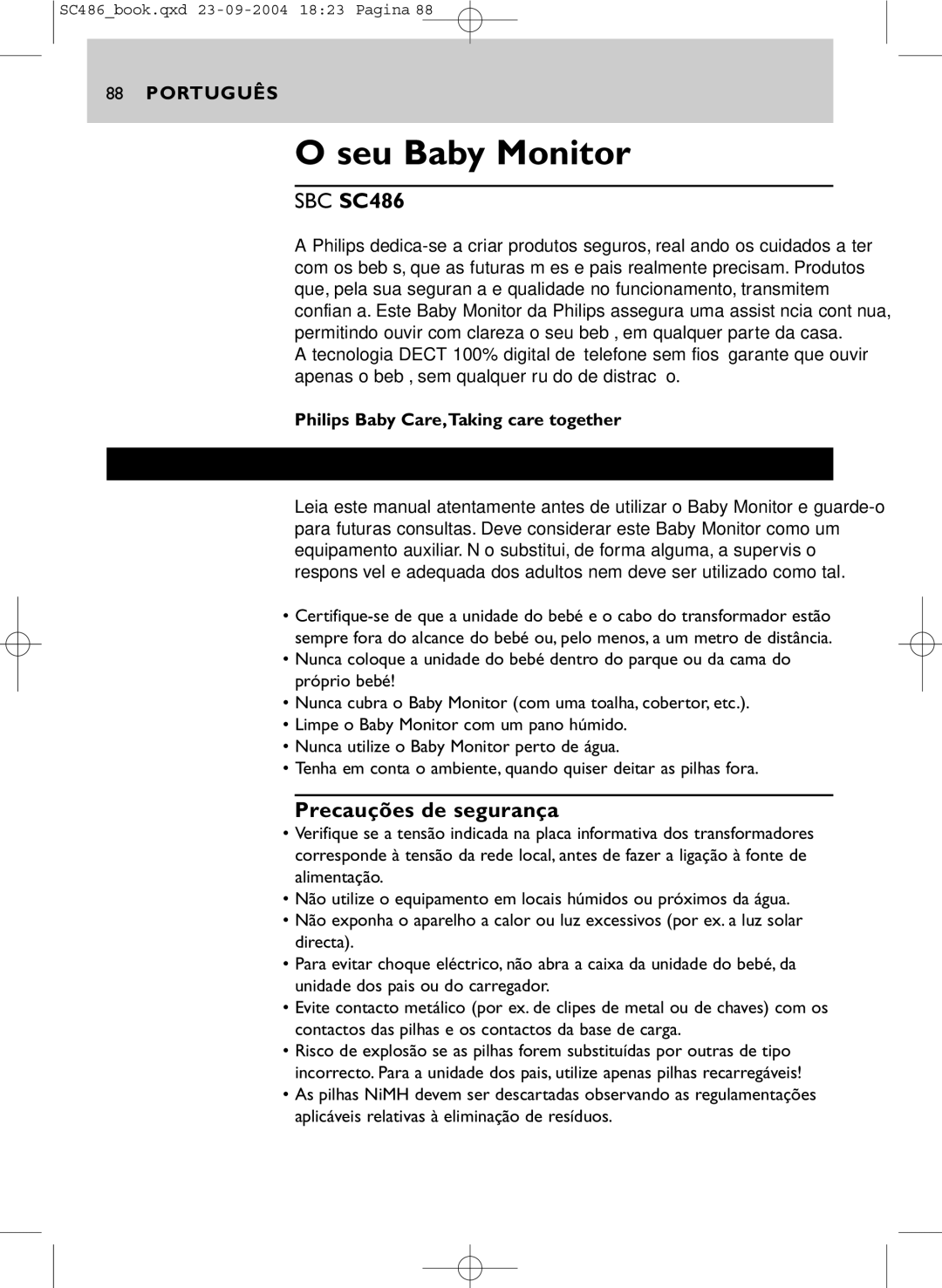 Philips SC486 manual Informações importantes, Precauções de segurança, Philips Baby Care,Taking care together 