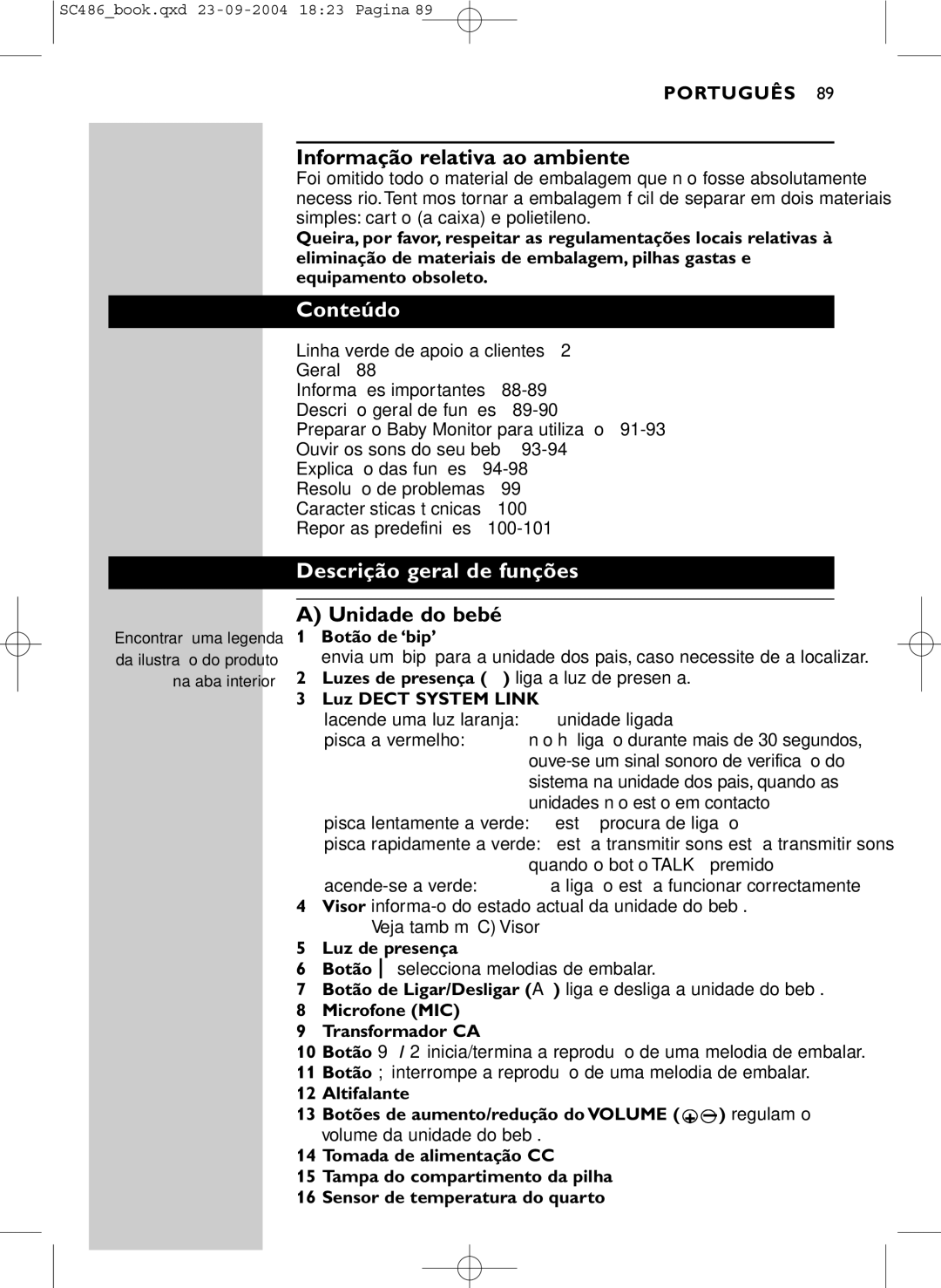 Philips SC486 manual Informação relativa ao ambiente, Conteúdo, Descrição geral de funções, Unidade do bebé 