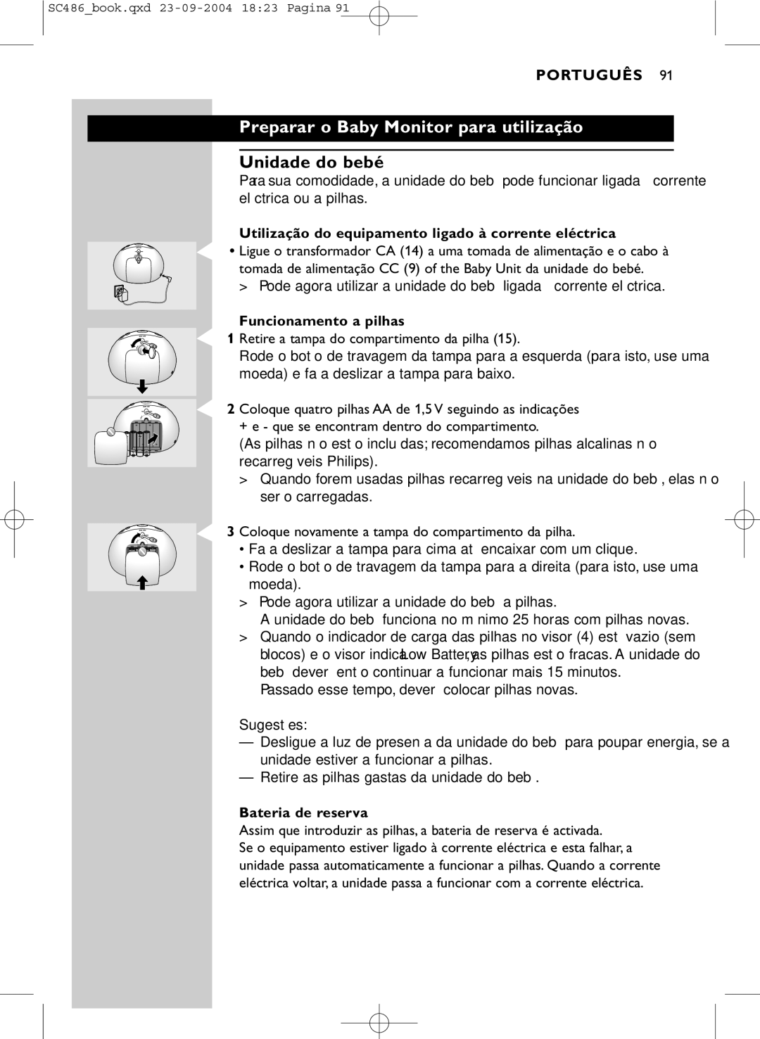 Philips SC486 manual Preparar o Baby Monitor para utilização, Utilização do equipamento ligado à corrente eléctrica 