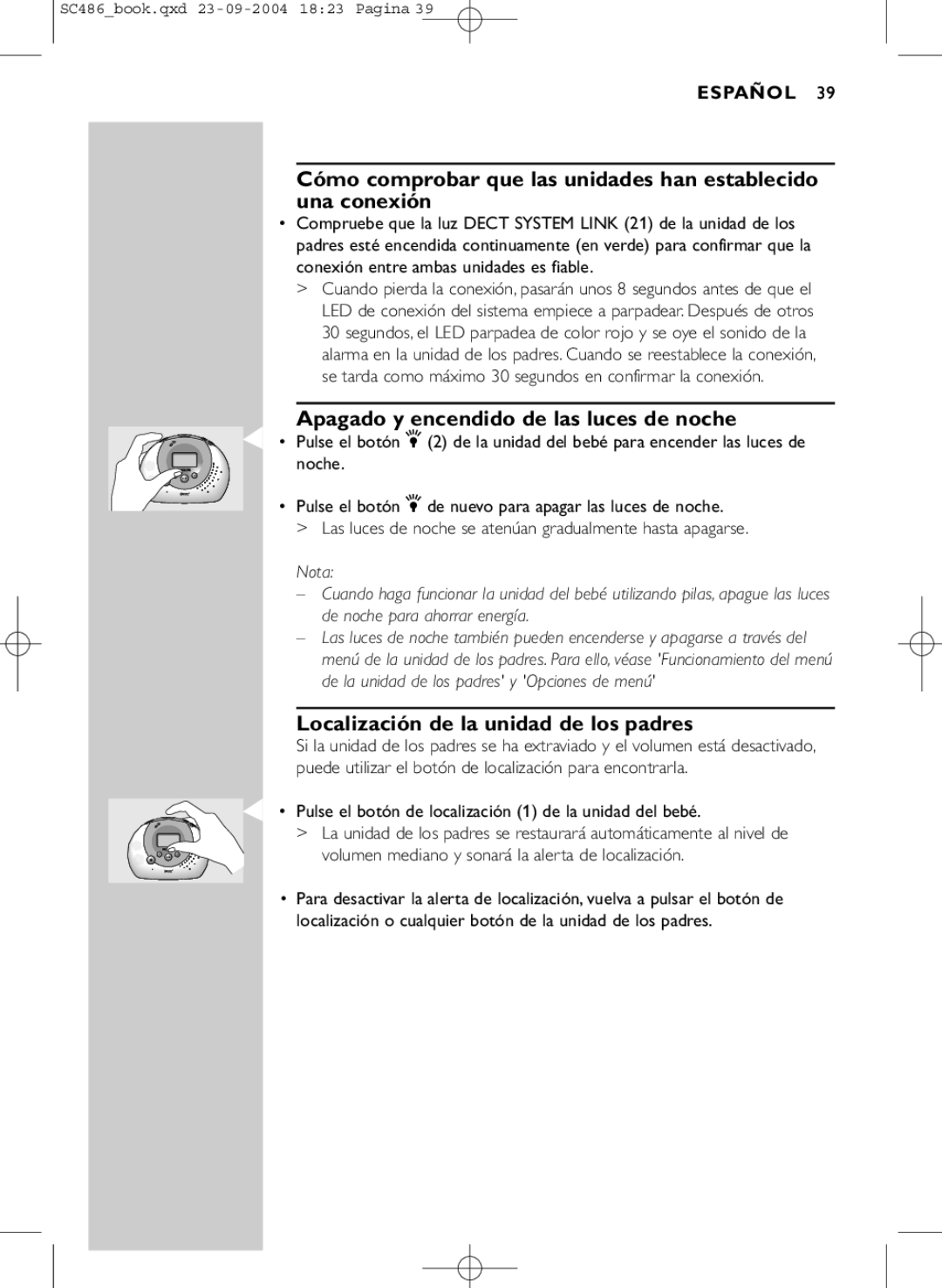 Philips SC486 manual Apagado y encendido de las luces de noche, Localización de la unidad de los padres 
