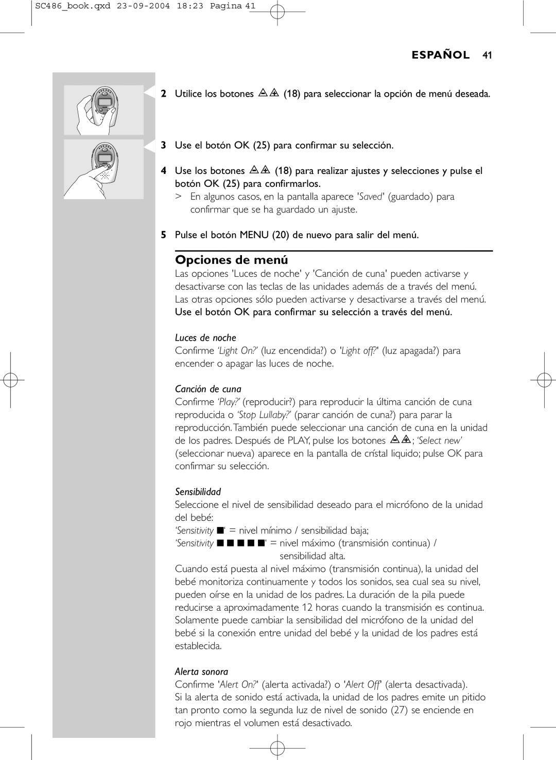 Philips SC486 manual Opciones de menú, Utilice los botones 