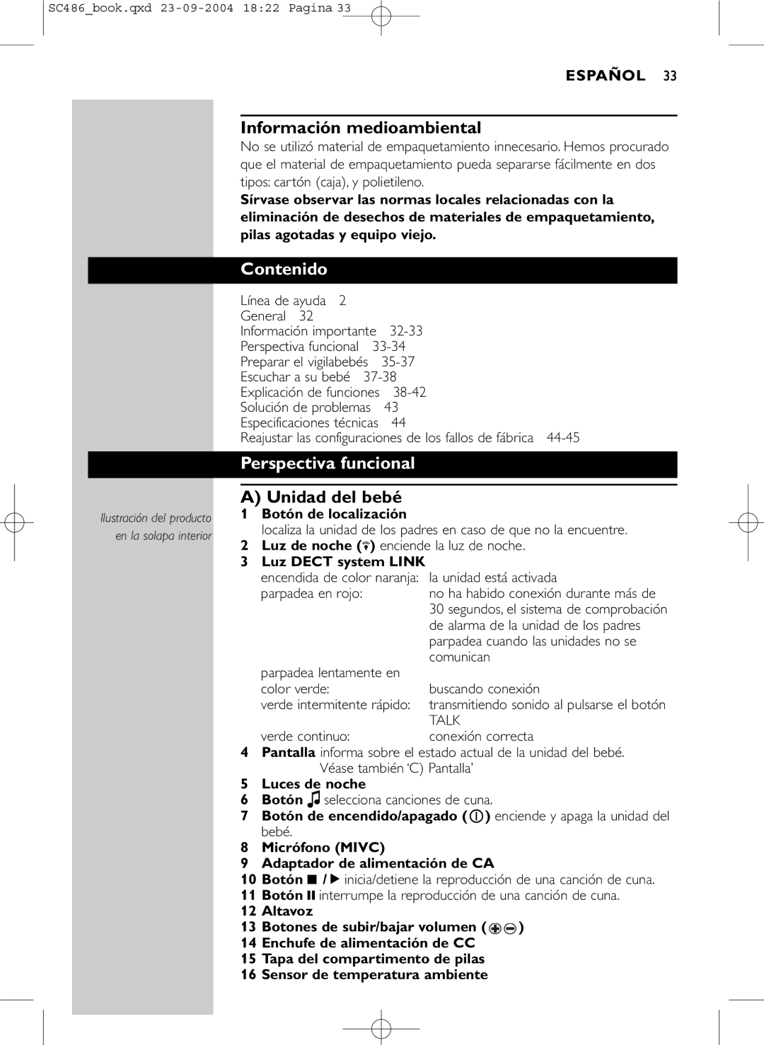 Philips SC486 manual Información medioambiental, Contenido, Perspectiva funcional, Unidad del bebé 