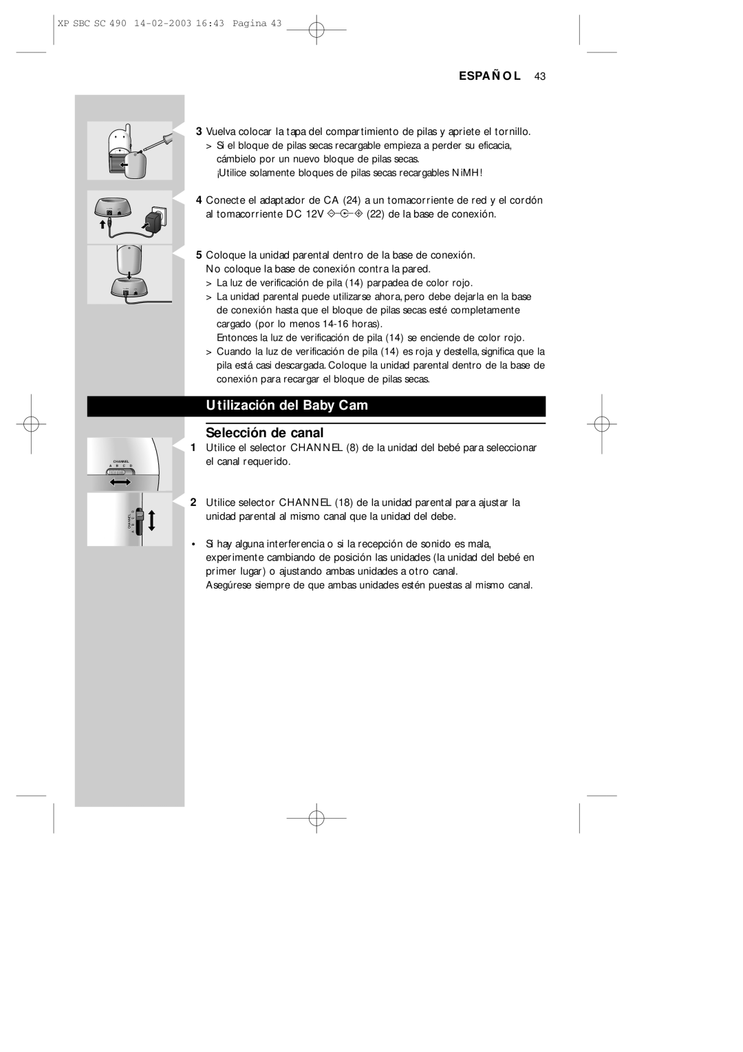 Philips SC490 manual Utilización del Baby Cam, Selección de canal 