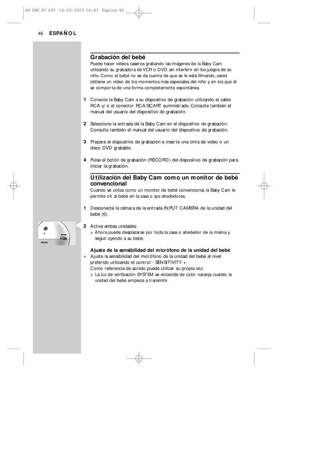 Philips SC490 manual Grabación del bebé 