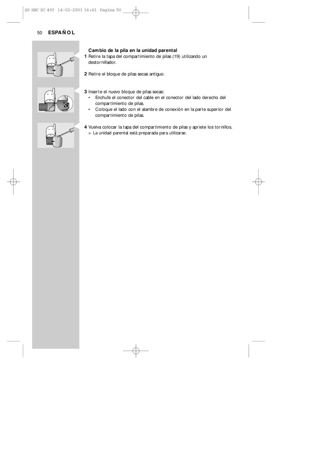 Philips SC490 manual Cambio de la pila en la unidad parental 