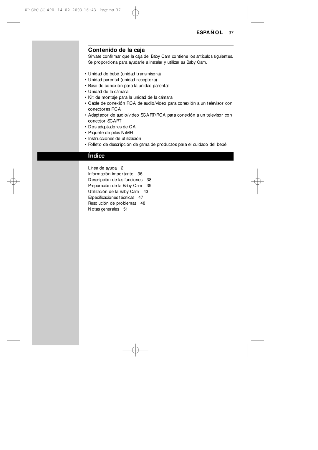 Philips SC490 manual Contenido de la caja, Índice 