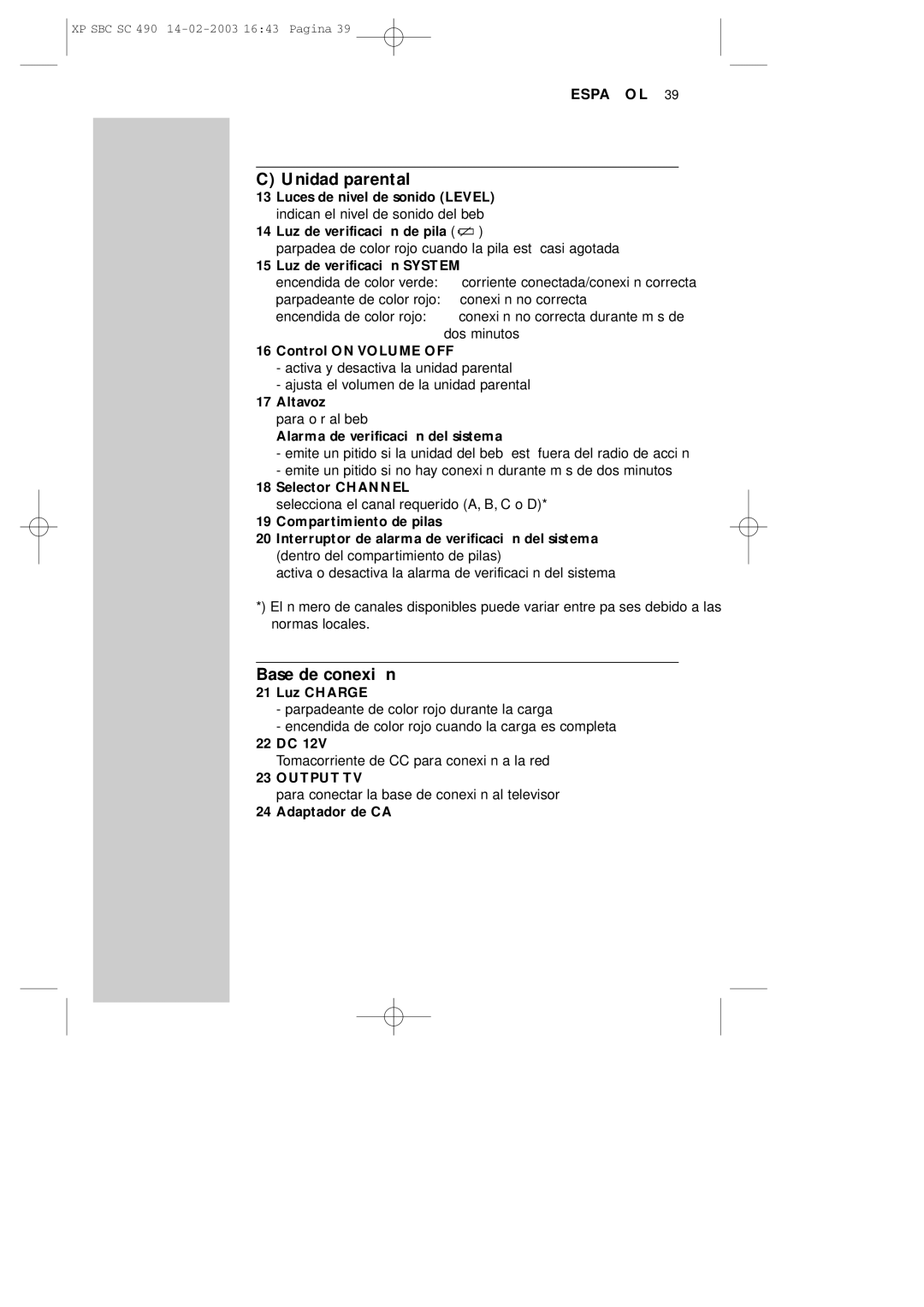 Philips SC490 manual Unidad parental, Base de conexión 