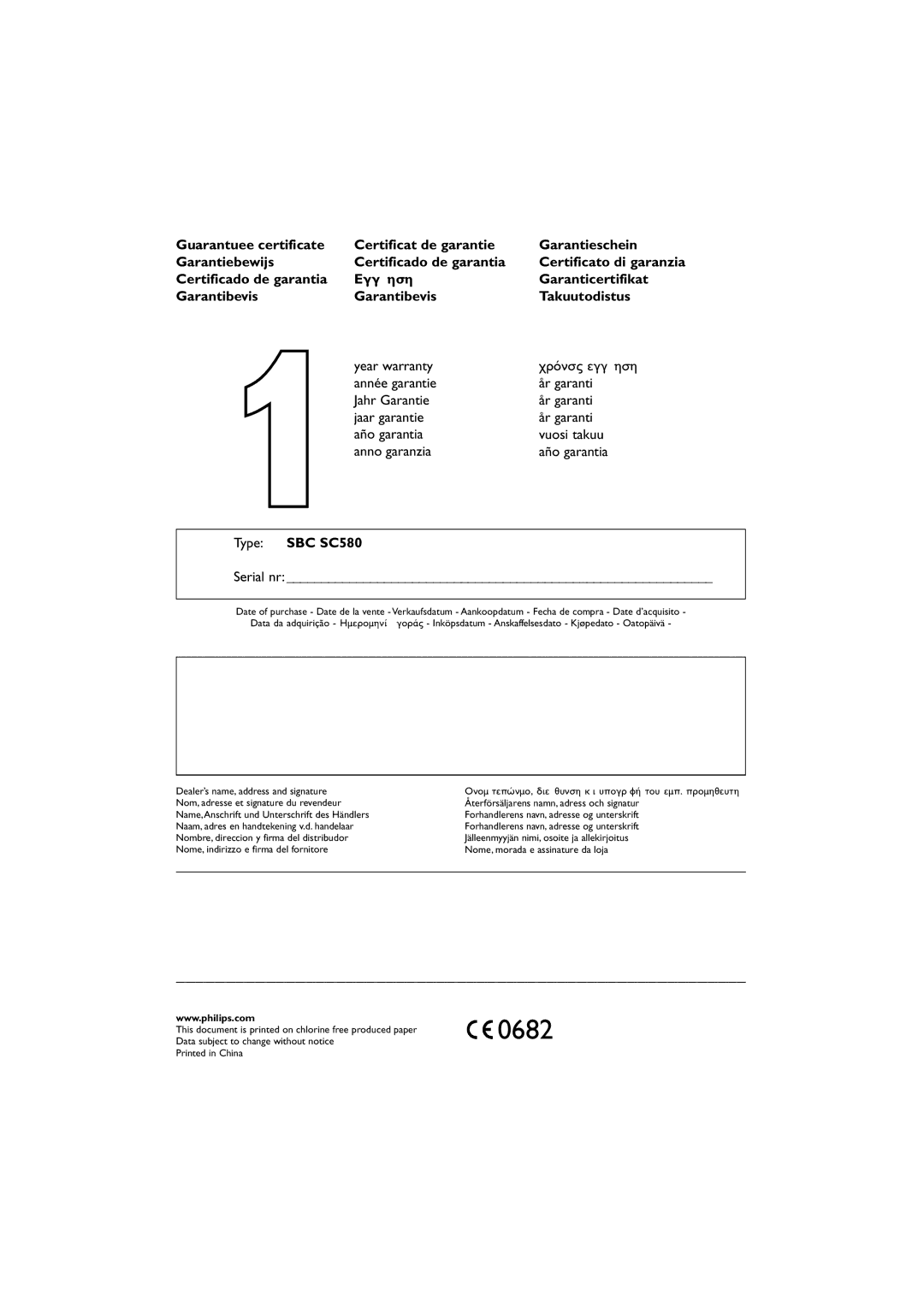 Philips manual Year warranty, Type SBC SC580 