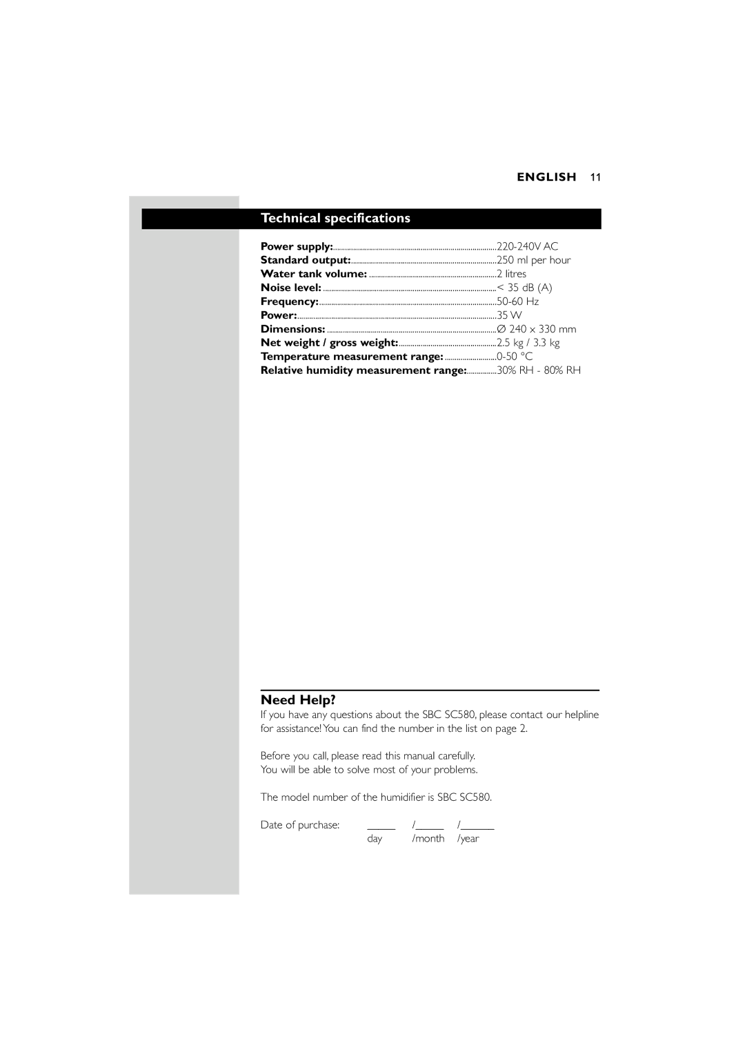 Philips SC580 manual Technical specifications, Need Help? 